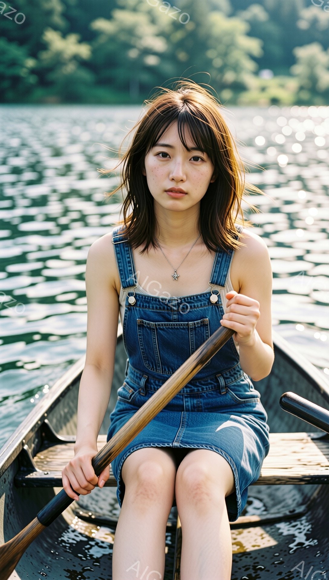 デニムのオーバーオールを着た若い女性がボートに座り、オールを持っている。彼女は肩までの長さの茶髪で、前髪が目にかかっている。表情は穏やかで、少し物憂げな様子がうかがえる。