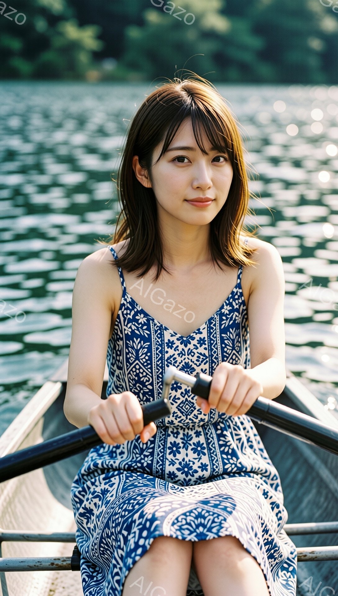 青い花柄のキャミソールワンピースを着た若い女性が、ボートを漕いでいる様子が写っています。彼女は肩までの長さの茶髪で、穏やかな笑顔を浮かべており、リラックスした雰囲気を醸し出しています。背景は水面が光る - AI生成フリー素材