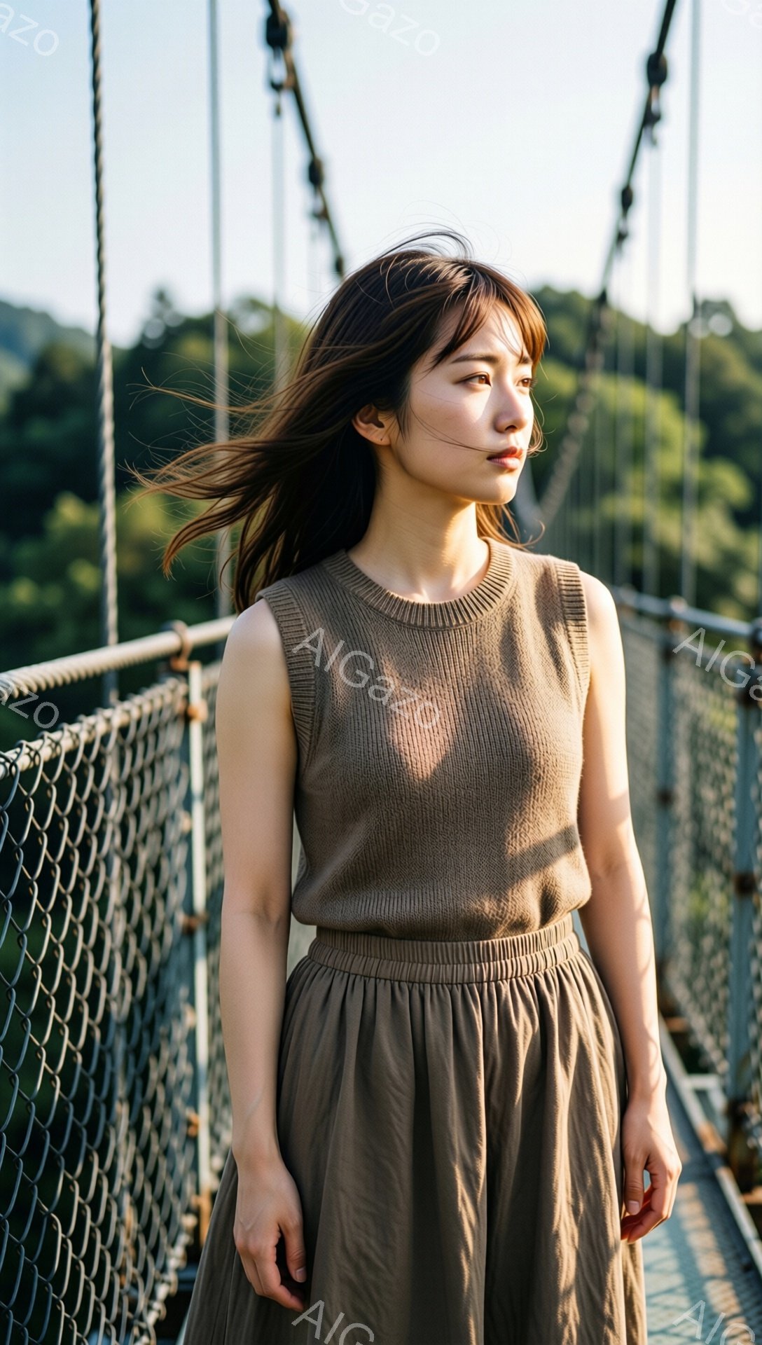 モデルは茶色のニットベストと、ゆったりとした茶色のスカートを身に着けています。彼女は長い黒髪を風になびかせ、少し上目線で遠くを見つめており、穏やかで物憂げな表情を浮かべています。背景には吊り橋の金網と、緑豊かな山々が広がっており、全体的に自然の中で静かに佇む、落ち着いた雰囲気です。