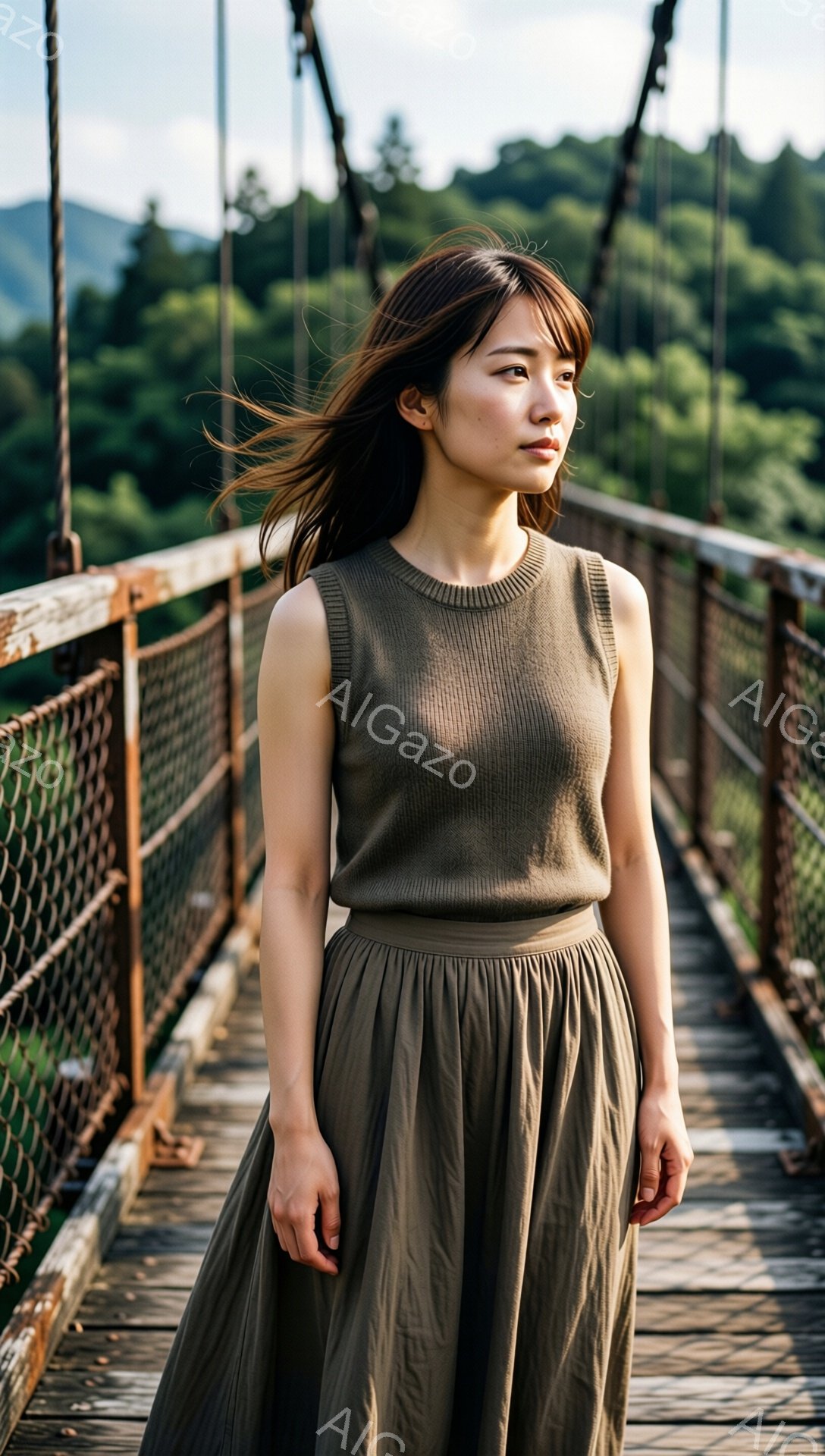 画像には、木製の吊り橋の上を歩く女性が写っています。彼女はベージュのニットベストと、ゆったりとしたベージュのスカートを着ており、髪は風になびいています。背景には緑豊かな森林が広がり、穏やかで自然な雰囲気を醸し出しています。