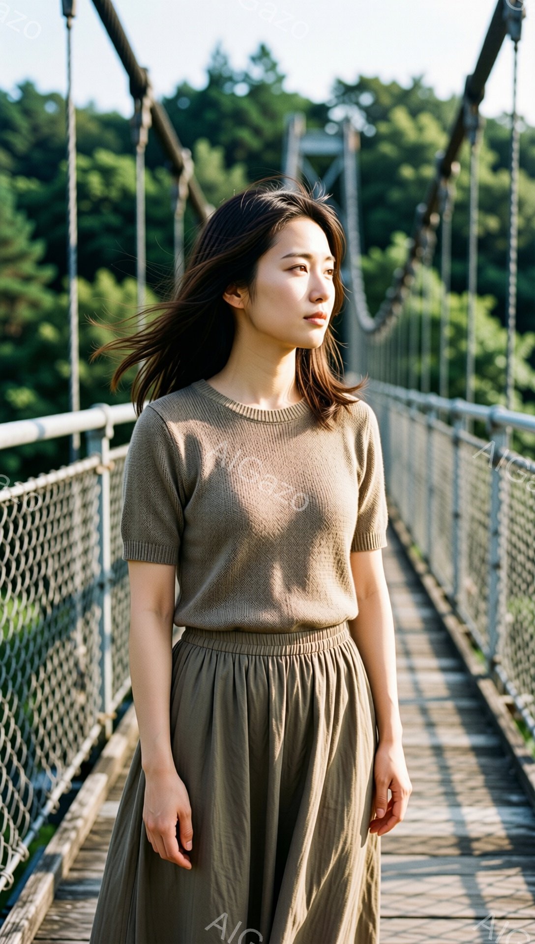 画像には、吊り橋の上を歩く女性が写っています。ベージュ色のニットと、くしゃくしゃとしたモスグリーンのスカートを身につけ、髪は肩にかかる長さで、少し風になびいています。彼女は遠くを見つめ、穏やかで物憂げな表情を浮かべており、背景には緑豊かな自然が広がっています。