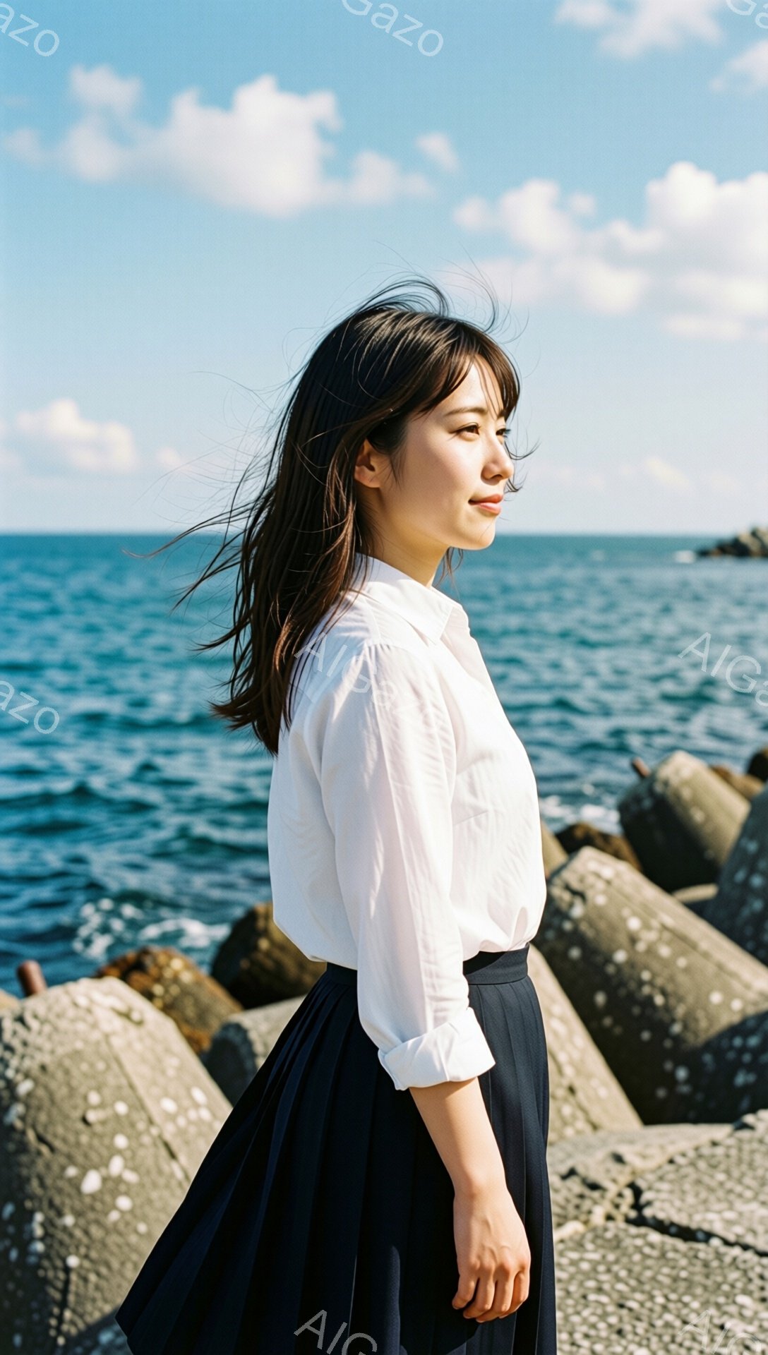 長い黒髪を肩から下で無造作に垂らした女性が、白いブラウスと黒いスカートを身につけて立っている。彼女は横顔で、少し微笑んでいるようで、視線は遠くの水平線に向けられている。背景には青い海と防波堤、そして晴天の空が広がり、穏やかで爽やかな雰囲気を醸し出している。