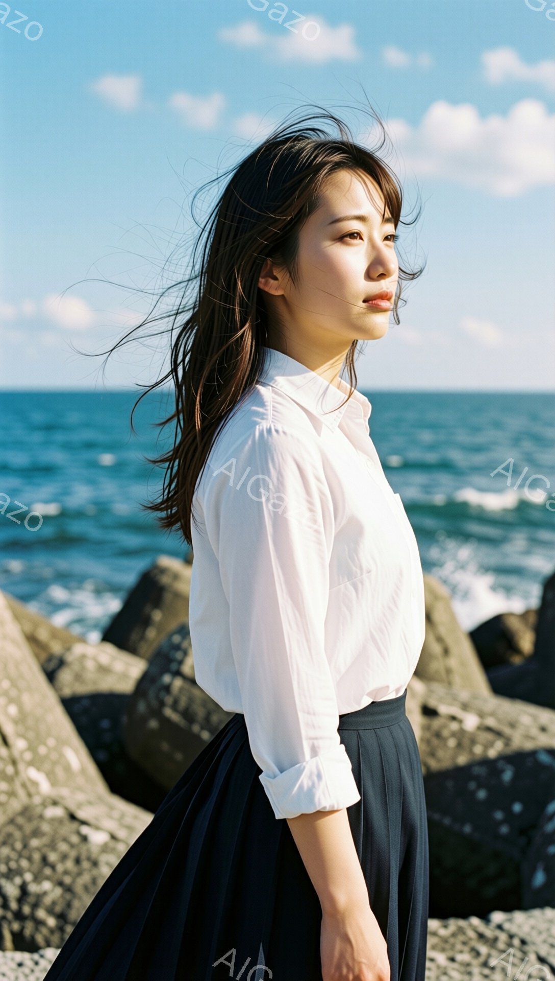 長い黒髪を風になびかせ、白いブラウスと黒いスカートを身につけた女性が写っている。彼女は横を向き、少し憂いを帯びた表情で遠くを見つめている。背景には青い海と岩場が広がり、晴天の下、自然と女性の姿が調和した穏やかな雰囲気を醸し出している。