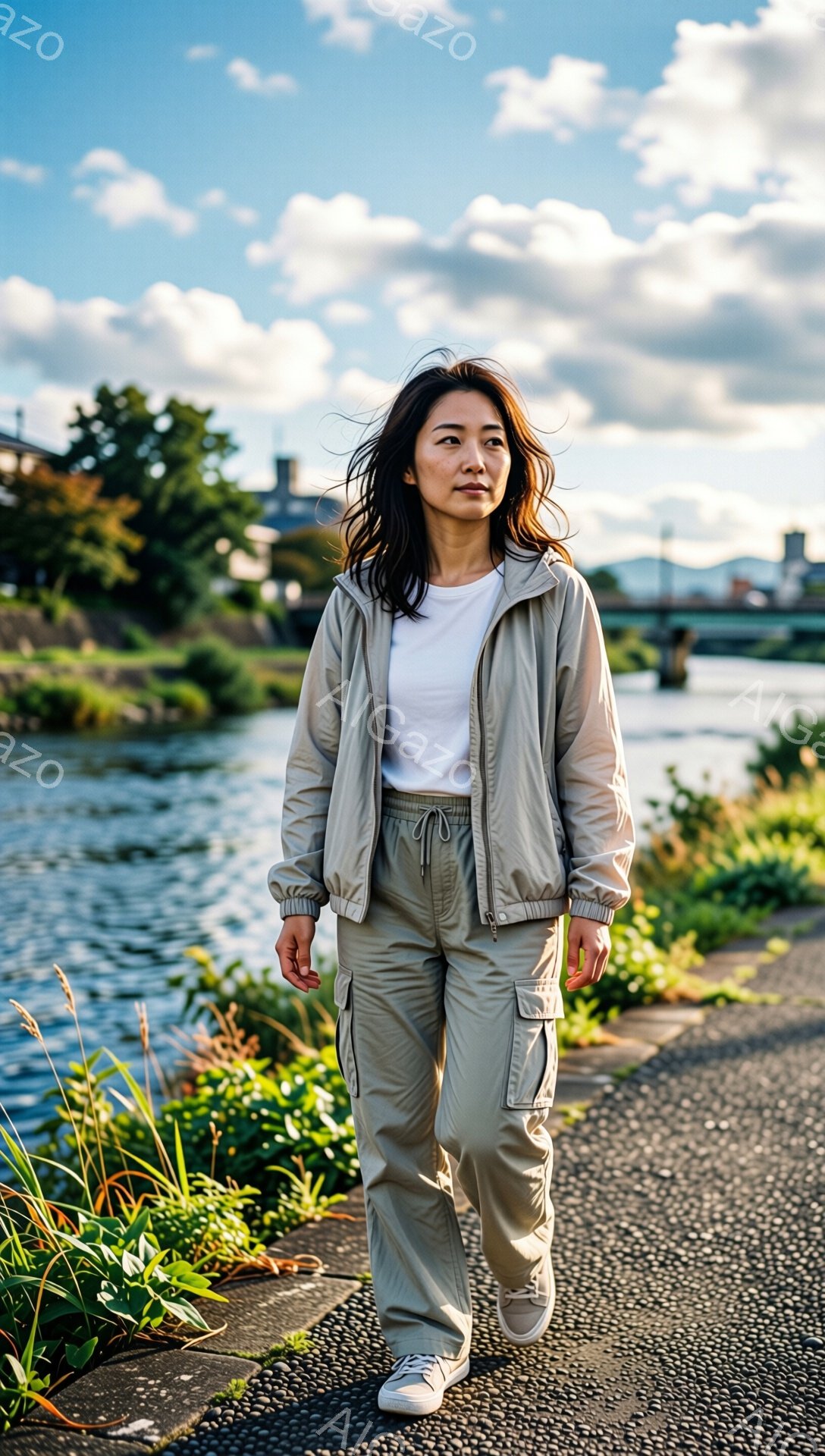画像には、ベージュのジャージ上下と白いTシャツを着た女性が写っています。彼女は少し振り返り、穏やかな表情で、自然なウェーブのかかった髪が風になびいています。背景には川と緑豊かな植物、遠くに建物が見え、晴れた空の下でリラックスした雰囲気を醸し出しています。