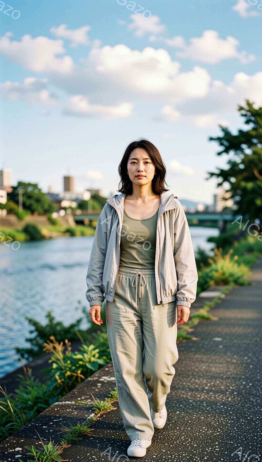 若い女性が水辺の遊歩道を歩いている。彼女はベージュのウィンドブレーカーとゆったりとしたパンツ、そして緑色のタンクトップを着ており、白いスニーカーを履いている。背景には川、緑豊かな植物、そして遠くに見え - AI生成フリー素材