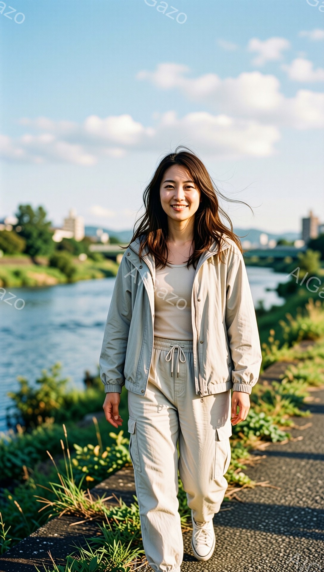 明るい日差しの中で、女性がアスファルトの道の上を歩いている。ベージュのトラックジャケットとカーゴパンツ、そして白いスニーカーを身につけ、少し微笑んでカメラを見ている。背景には緑豊かな草地と川、そして遠くの建物が見え、穏やかで開放的な雰囲気が漂っている。