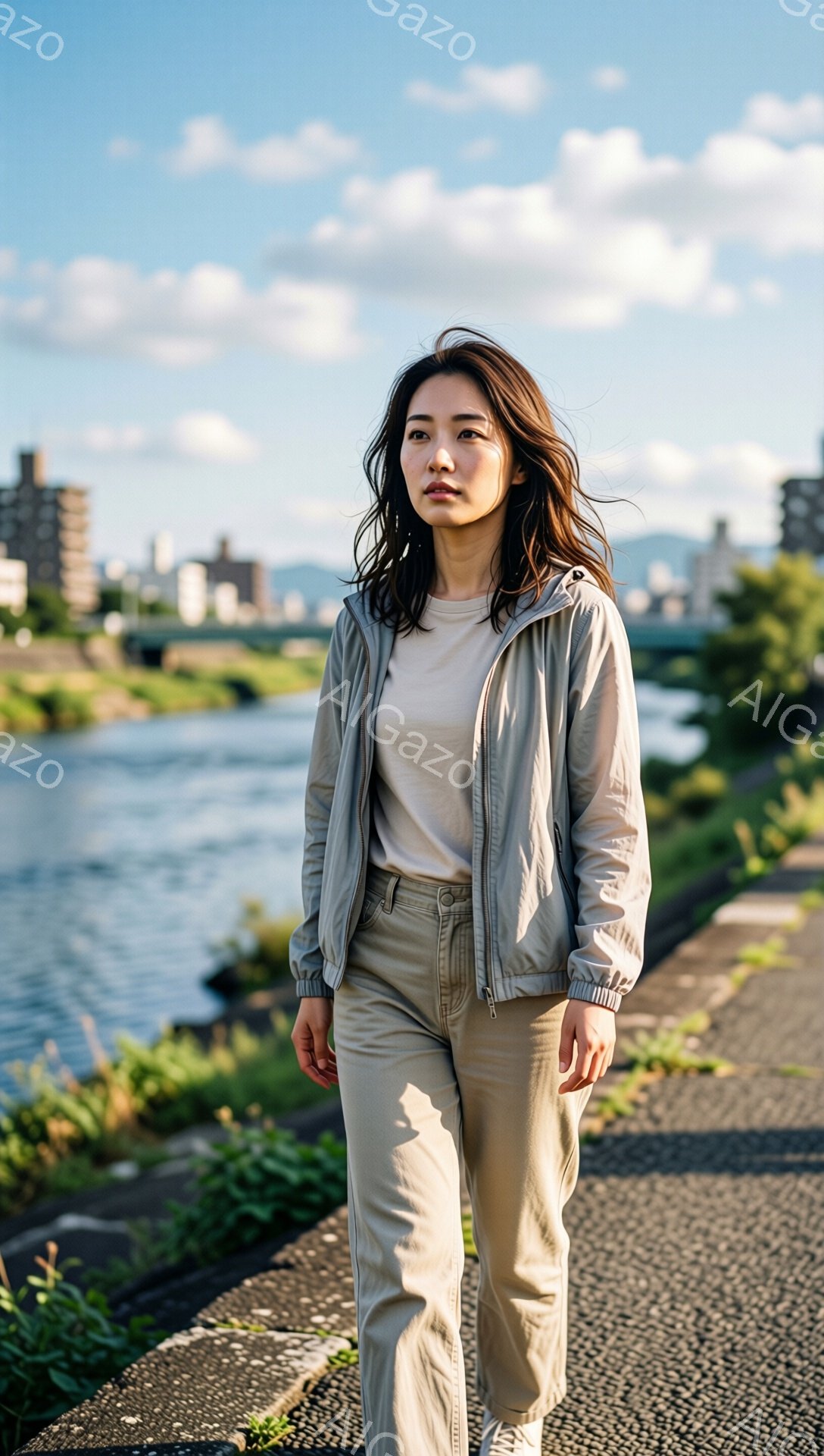 長い髪を無造作に垂らした女性が、ベージュのトラックジャケットとパンツを身につけ、アスファルトの道端に立っている。彼女は少し上目線で遠くを見つめ、物憂げな表情をしている。背景には川と緑豊かな堤防、そして遠くの建物が見え、晴天の下、穏やかで少し寂しげな雰囲気が漂っている。