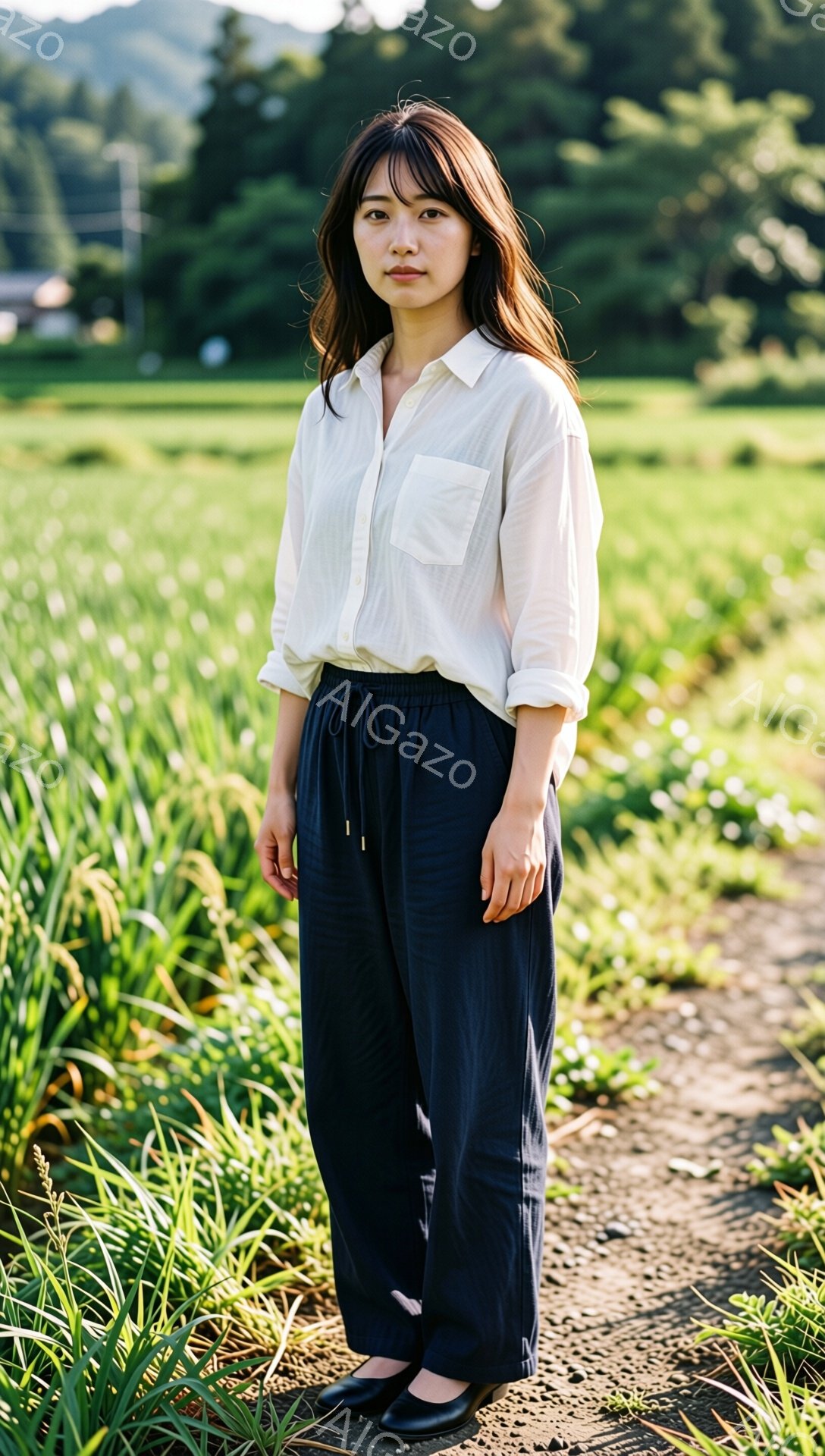 長い前髪とゆるいウェーブのかかった髪が特徴の女性が、白いブラウスと濃い紺色のゆったりとしたパンツを身につけて立っています。彼女はリラックスした雰囲気で、少し微笑んでいるような表情をしています。背景には緑豊かな田んぼが広がり、遠くには山々が見え、穏やかな日差しが差し込んでいます。