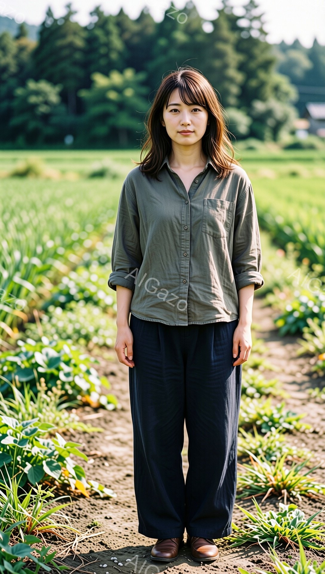 緑豊かな畑で、茶色の長袖シャツと濃い青色のワイドパンツを身につけた女性が立っている。彼女は肩までの長さの茶色い髪をしており、表情は穏やかで落ち着いている。背景には、緑の野菜が植えられた畑と遠くには木々が見え、晴れた日の自然な雰囲気が感じられる。