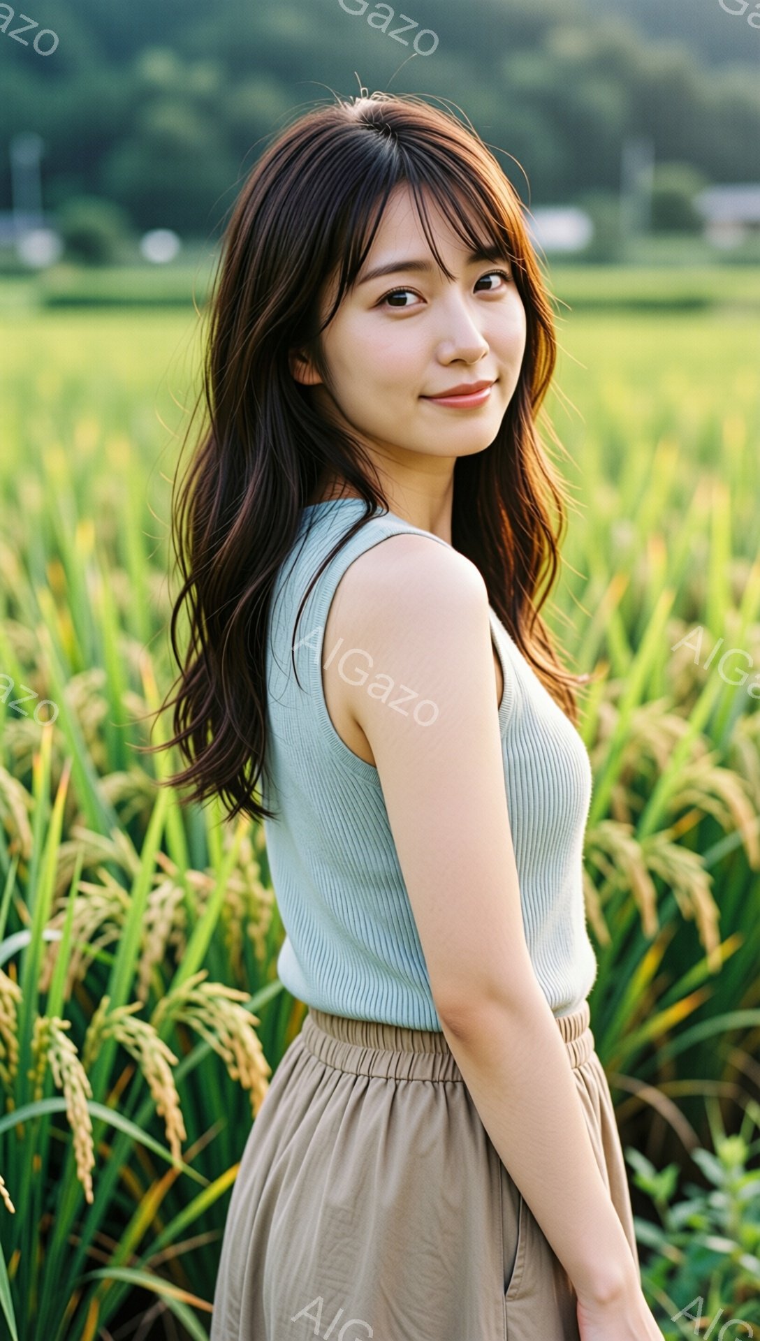 長いダークブラウンの髪を無造作に肩にかけた女性が、水田の中に立っている。彼女は淡い緑色のタンクトップとベージュ色のスカートを身に着け、穏やかな笑顔を浮かべている。背景には黄金色の稲穂が広がり、暖かく柔らかな光が全体を包み込んでいる。