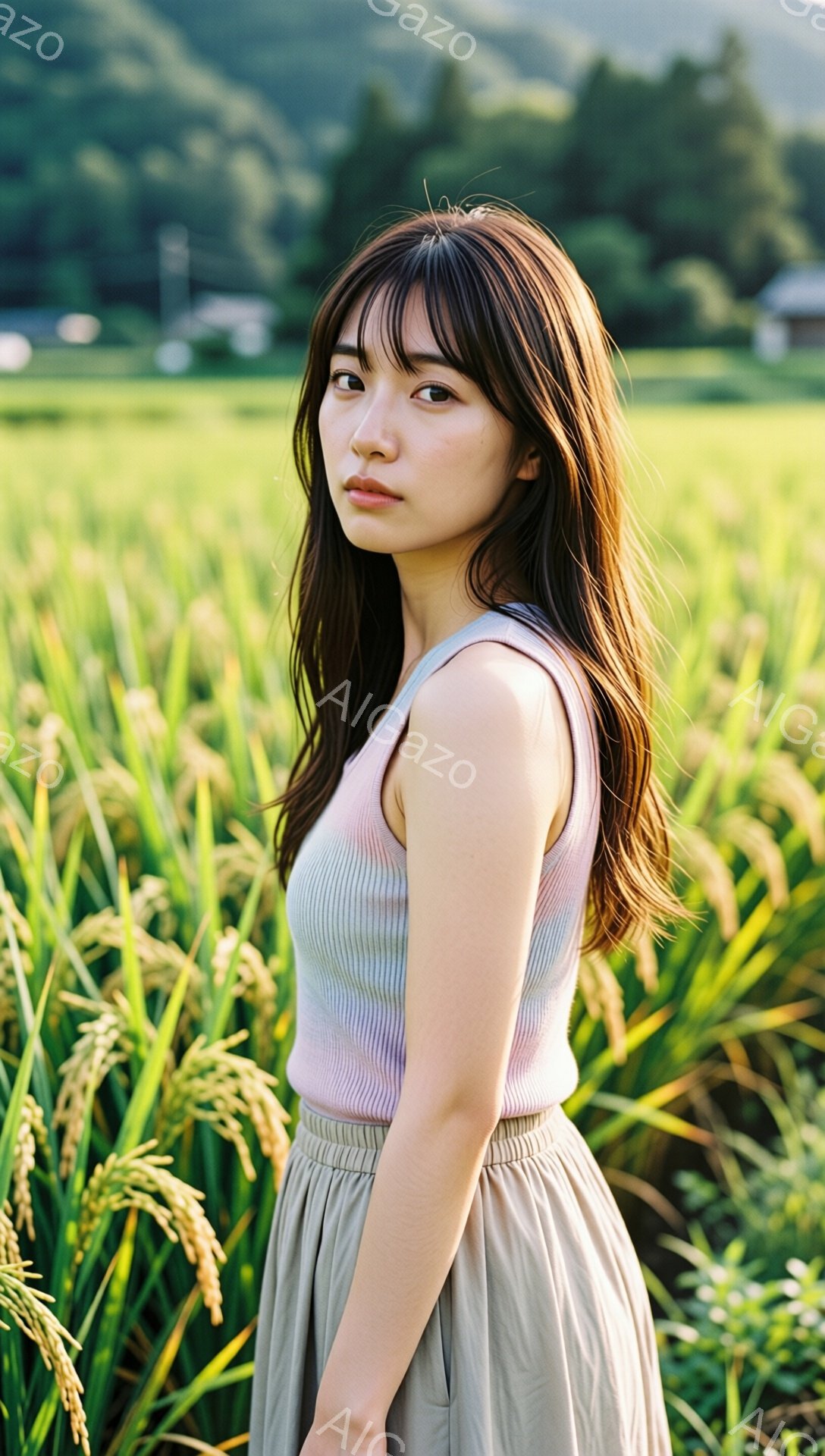 長い茶色の髪をした若い女性が、水田の中に立っている。彼女は薄いピンク色のタンクトップとベージュ色のロングスカートを身につけ、少し横を向いて遠くを見つめている。背景には緑豊かな田んぼと、遠くに見える山並 - AI生成フリー素材