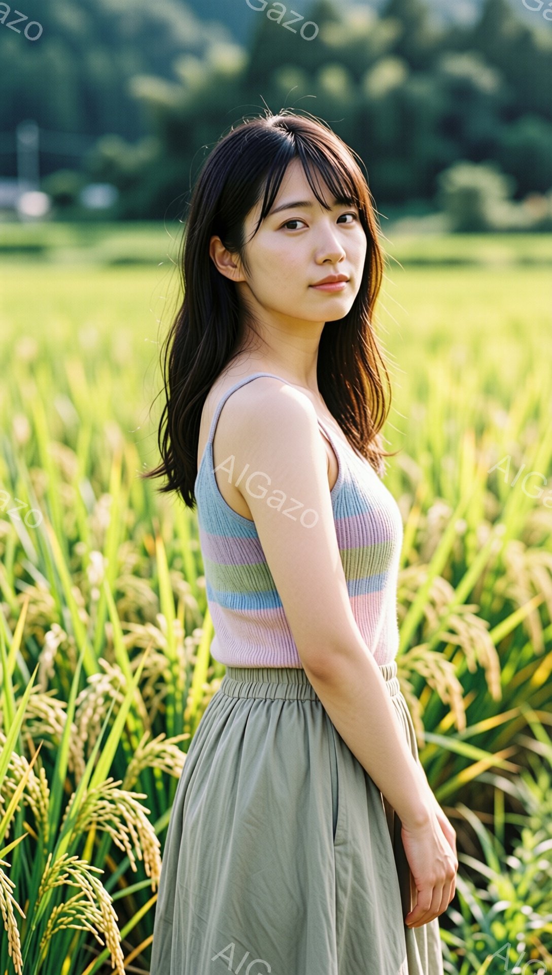画像は、田んぼの中に立つ若い女性を捉えています。彼女は、パステルカラーのノースリーブニットとオリーブグリーンのスカートを着用し、肩を少し内側に丸めた状態で、後ろを振り返っています。背景には黄金色に輝く稲穂が広がり、穏やかで牧歌的な雰囲気が漂っています。
