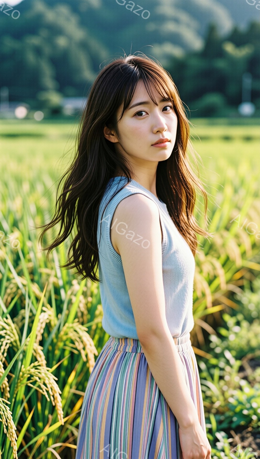 長い茶色の髪の女性が、水田の中に立っている。彼女は水色のタンクトップと、カラフルなストライプのスカートを着ており、少し振り返ってこちらを見ている。背景は緑色の稲田で、遠くに山々が見え、全体的に穏やかで牧歌的な雰囲気である。