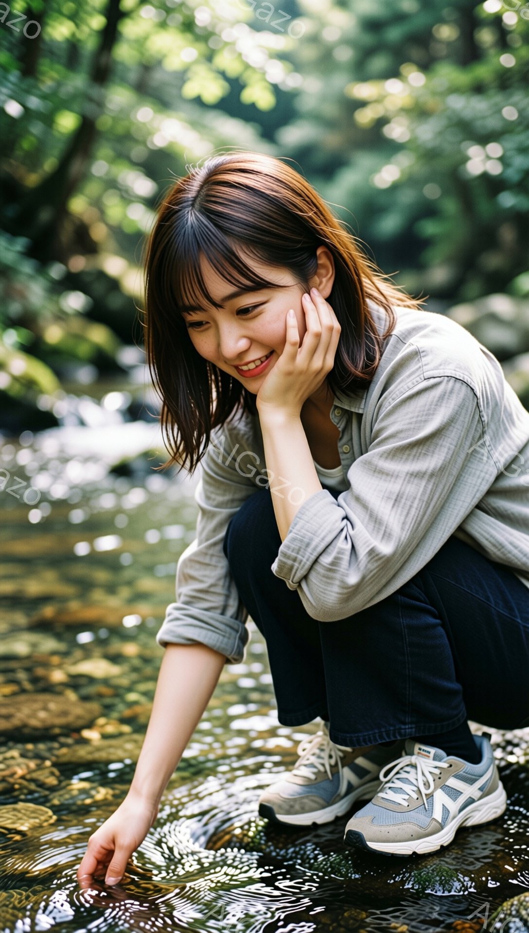 若い女性が水辺にしゃがみこみ、指を水につけて楽しんでいる様子が写っている。彼女は薄いグレーの長袖シャツと濃いブルーのジーンズ、運動靴を身につけており、少しうつむき加減で微笑んでいる。背景には緑豊かな木々が茂り、水面は光を反射してキラキラと輝いており、自然の中でリラックスした穏やかな雰囲気が漂っている。