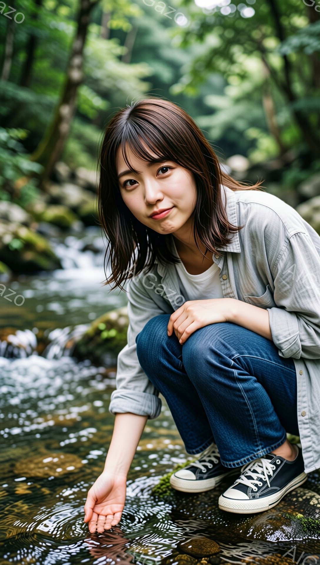 若い女性が水辺にしゃがみ、手を水に浸れています。彼女は白いTシャツに灰色のシャツ、濃い色のジーンズ、そして黒いスニーカーを着用しており、肩まで届くダークブラウンのヘアスタイルで、わずかに微笑んでいます。背景には緑豊かな植物と岩があり、水は澄んでおり、自然の中でリラックスした雰囲気を感じさせます。