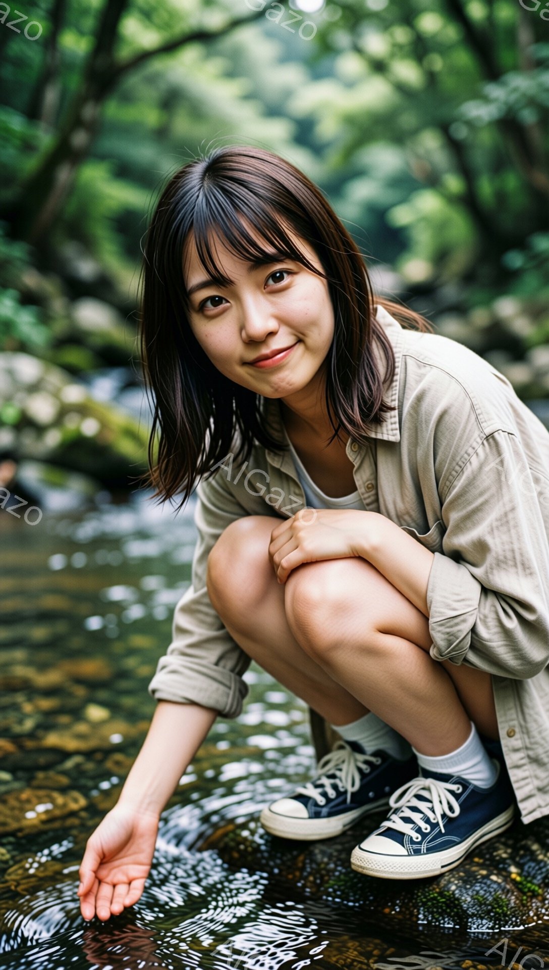 若い女性が水辺にひざまずいて座っており、片手を水面に近づけています。彼女はベージュのシャツとジーンズ、そして紺色のキャンバスシューズを着用し、茶色の髪を肩の長さで切り揃えています。背景には緑豊かな木々が生い茂り、水面は光を反射してキラキラと輝き、穏やかで自然な雰囲気を醸し出しています。