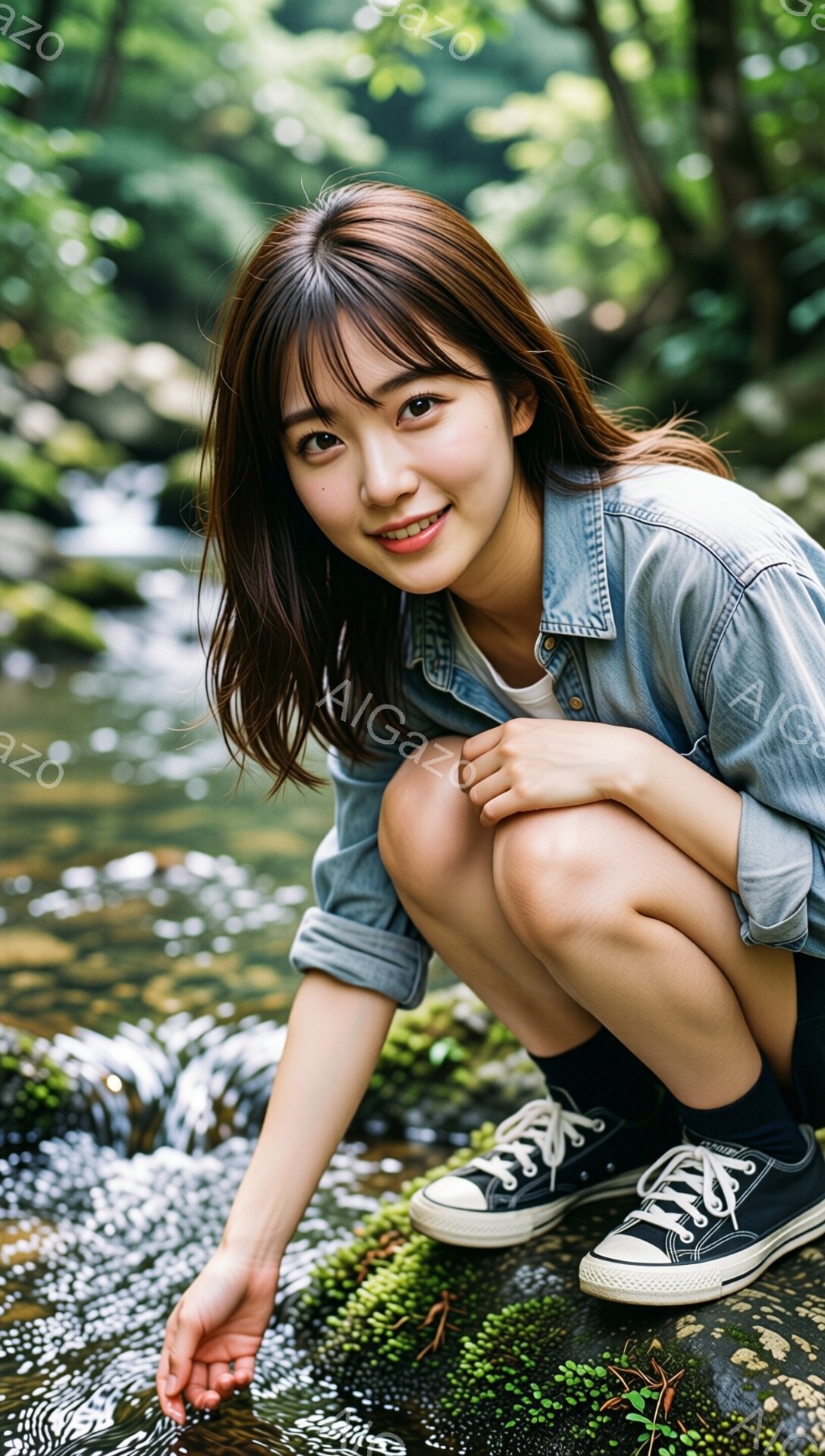 若い女性が水辺にしゃがみこんでおり、片手を水に浸しています。彼女は白いTシャツにデニムジャケット、黒いソックスとスニーカーを履いており、茶色のロングヘアは肩にかかっています。背景には緑豊かな植生と水の流れがあり、明るい日差しが降り注ぎ、リラックスした自然な雰囲気を醸し出しています。