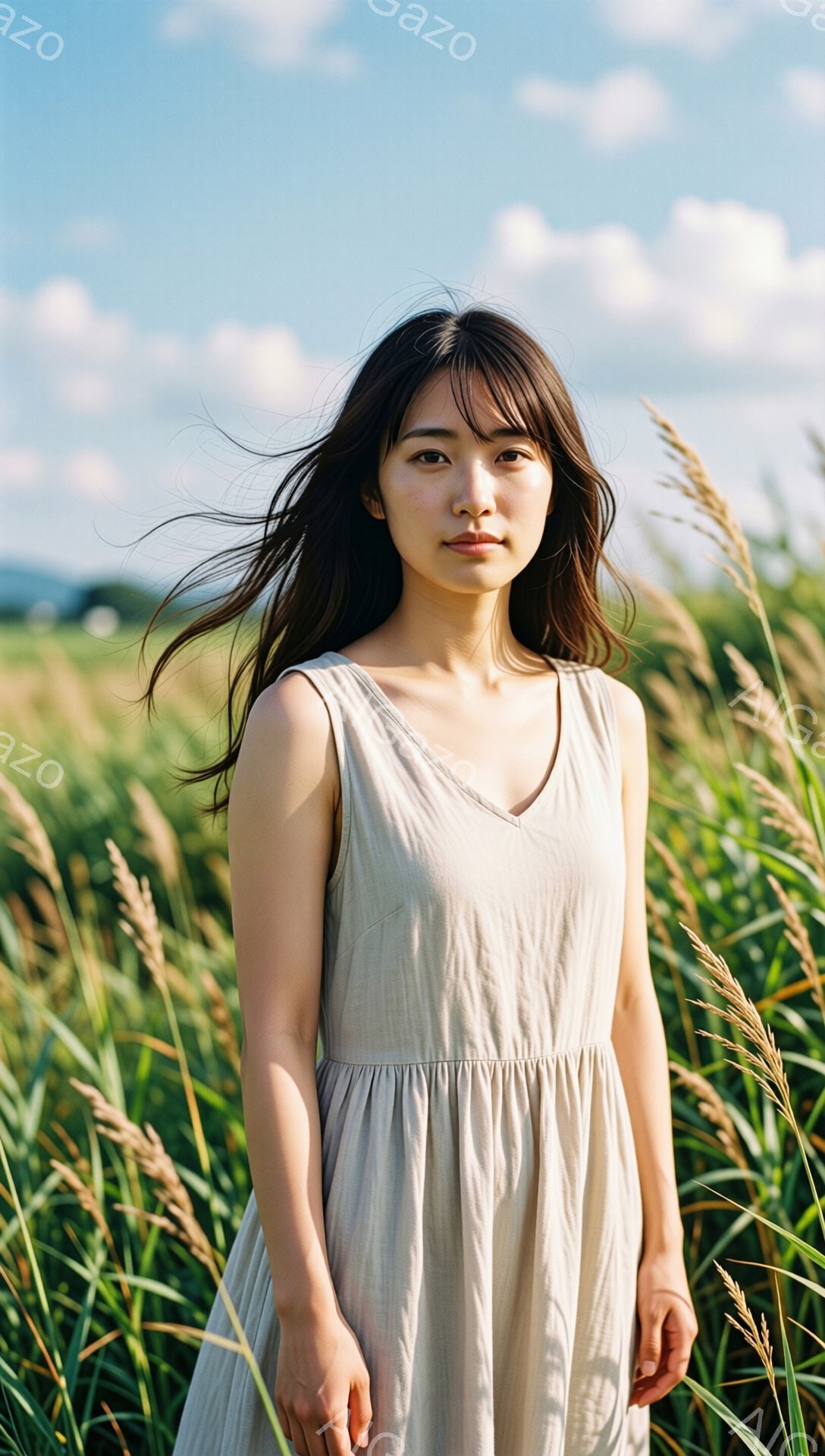 長い黒髪を風になびかせた女性が、ベージュ色のノースリーブワンピースを着て、緑豊かな草地の前に立っている。彼女はカメラに向かって穏やかな表情で微笑んでおり、リラックスした姿勢で自然の中に溶け込んでいるように見える。背景には青空と白い雲が広がり、夏の穏やかな田園風景を思わせる、優しい雰囲気の写真である。