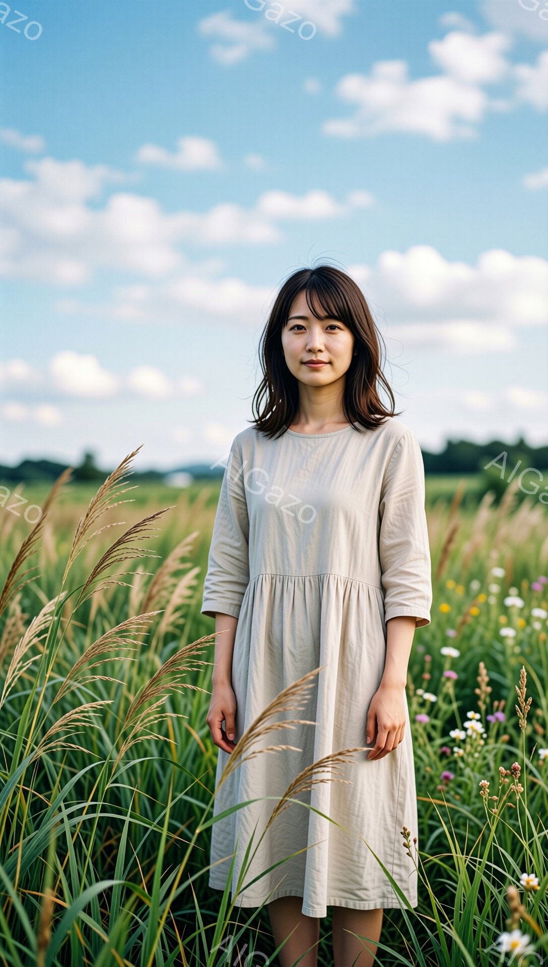 浅いベージュ色のゆったりとしたワンピースを着た女性が、背の高い草が生い茂る野原に立っている。彼女は肩までの長さの茶色の髪を持ち、穏やかな表情で正面を見つめている。背景には緑の木々や青空と白い雲が広がり - AI生成フリー素材