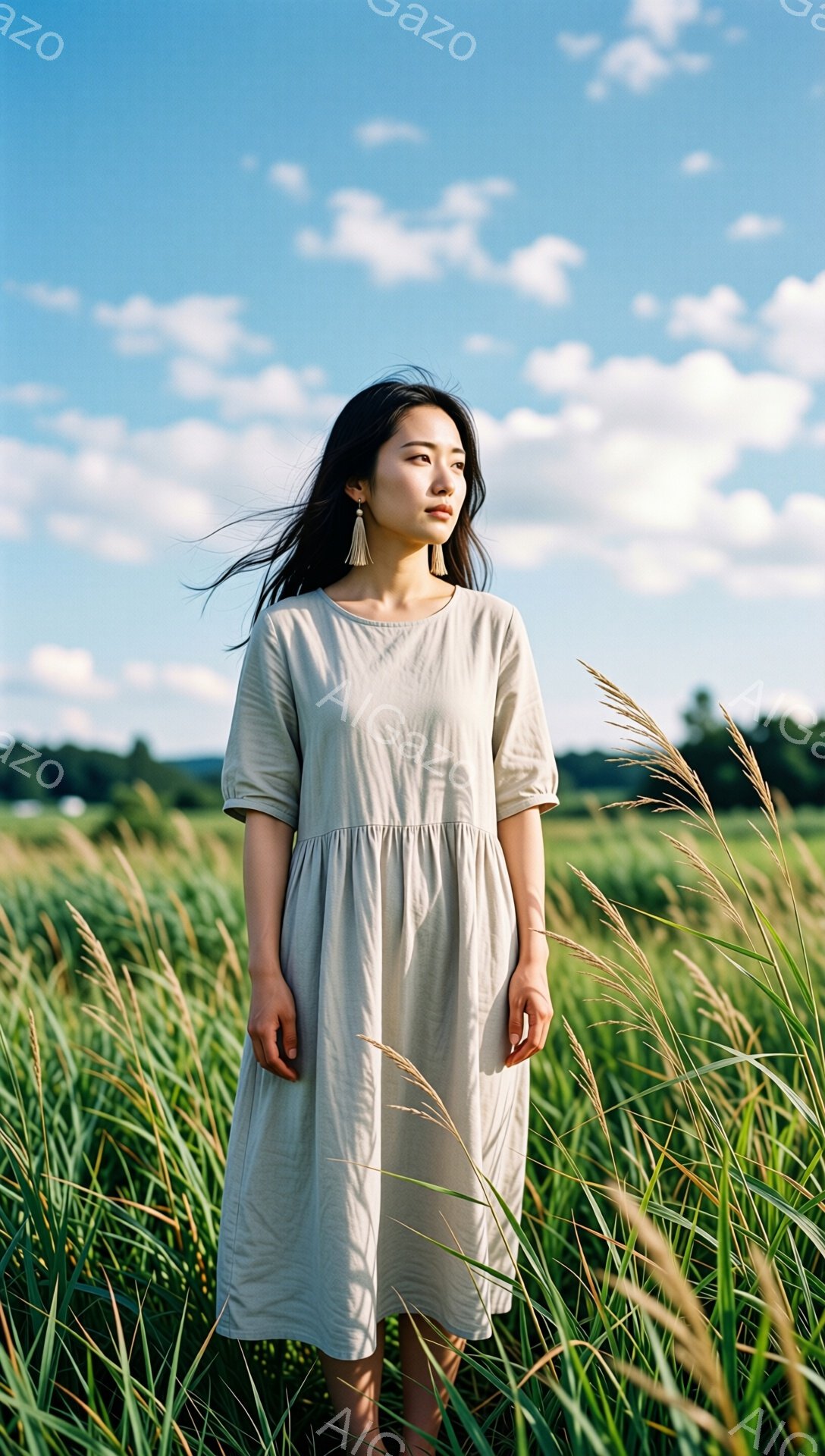 長い黒髪をなびかせ、ベージュ色のゆったりとしたワンピースを着た女性が写っている。彼女はわずかに微笑み、遠くを見つめている。背景には緑豊かな草が生い茂り、青空と白い雲が広がり、穏やかで優しい雰囲気を醸し - AI生成フリー素材