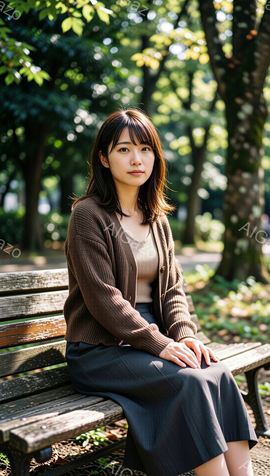 公園のベンチに座る女性が写っている。彼女は茶色のカーディガンに黒いスカートを合わせ、肩まで届くストレートの髪を耳にかけるようにしている。穏やかな表情で、背景には緑豊かな木々が広がり、晴れた日の静かな雰囲気が感じられる。
