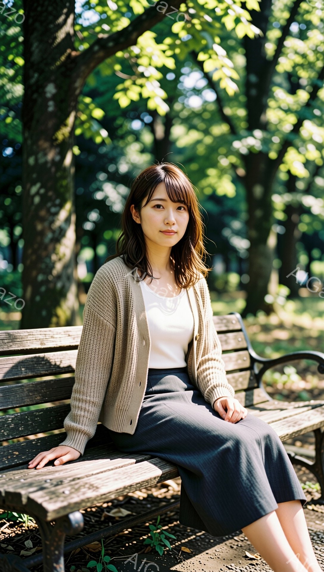 画像には、ベージュ色のカーディガンと白いインナー、黒い縦縞のスカートを着た若い女性が写っています。彼女は公園の木製のベンチに座り、リラックスした表情で正面を見ています。背景には緑豊かな木々が広がり、太 - AI生成フリー素材