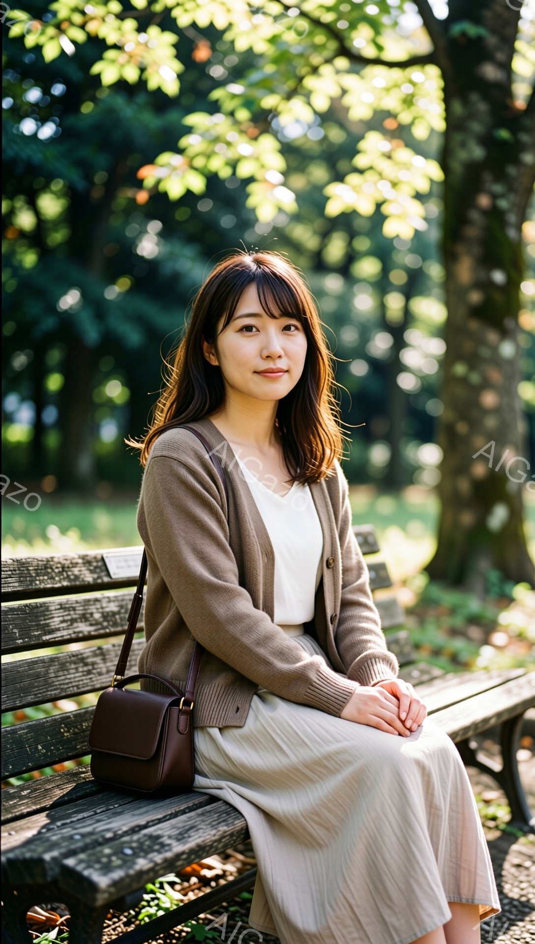 明るい日差しの公園のベンチに座る若い女性が写っています。ベージュのカーディガンと白いインナー、ロングスカートを身につけ、茶色のショルダーバッグをかけています。彼女は穏やかな表情でカメラを見つめ、両手を膝の上に重ねています。