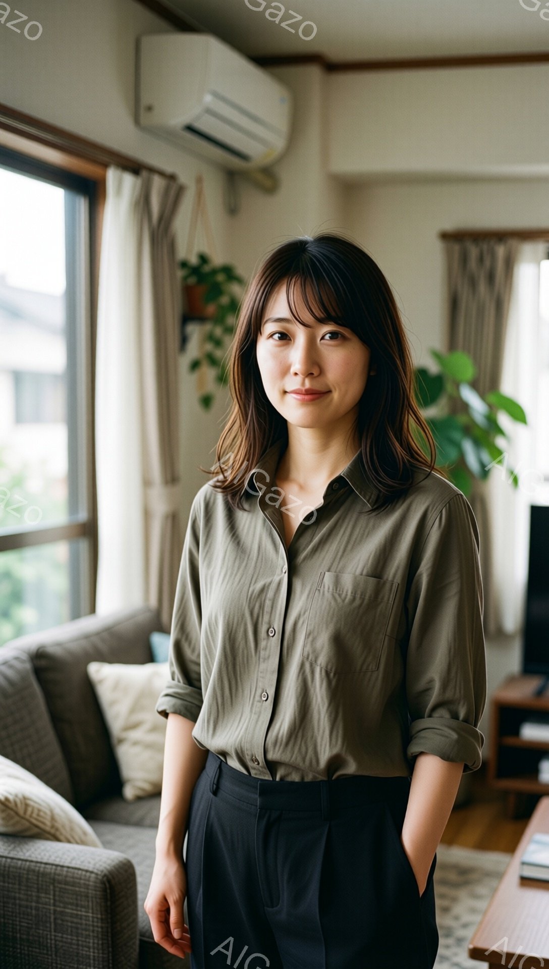 明るい室内で、茶色いシャツに黒いズボンを着用した女性が立っている。彼女は肩までの長さの髪を無造作にまとめ、穏やかな微笑みを浮かべている。背景には、ベージュ色のソファや観葉植物が見え、窓からは自然光が差 - AI生成フリー素材