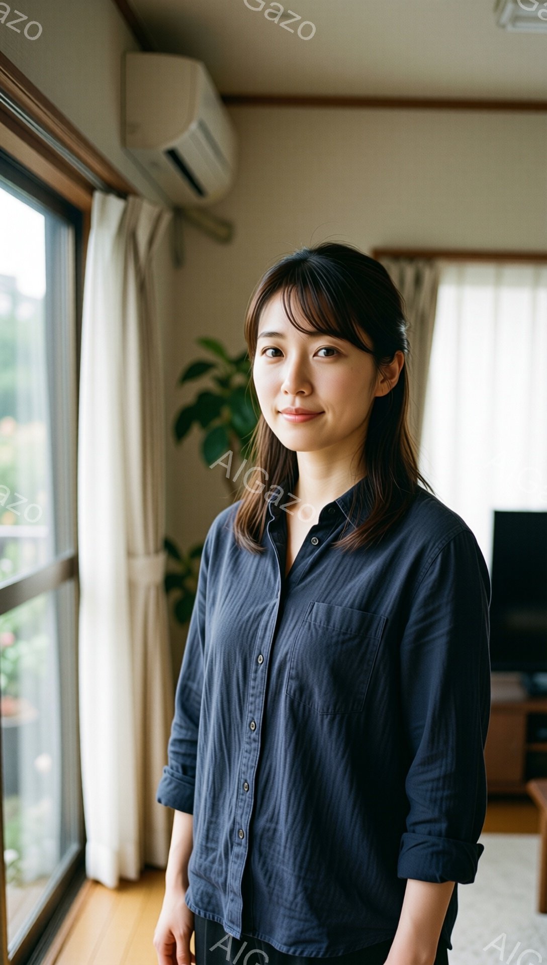 この女性は、濃い紺色のボタンダウンシャツを着ており、肩のあたりでカールした黒髪が特徴的です。彼女はわずかに微笑んでおり、リラックスした姿勢で立っています。背景には、窓から見える緑豊かな木々と、部屋の内装の一部が見えます。