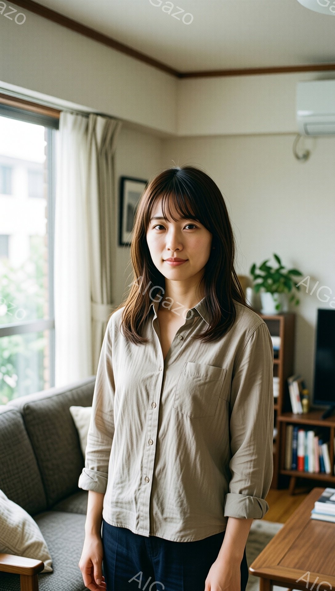 明るいリビングに立つ女性が写っている。ベージュ色のシャツに紺色のズボンを着用し、肩までの長さの茶髪を無造作にしている。彼女は穏やかな微笑みを浮かべ、リラックスした姿勢で正面を見ている。