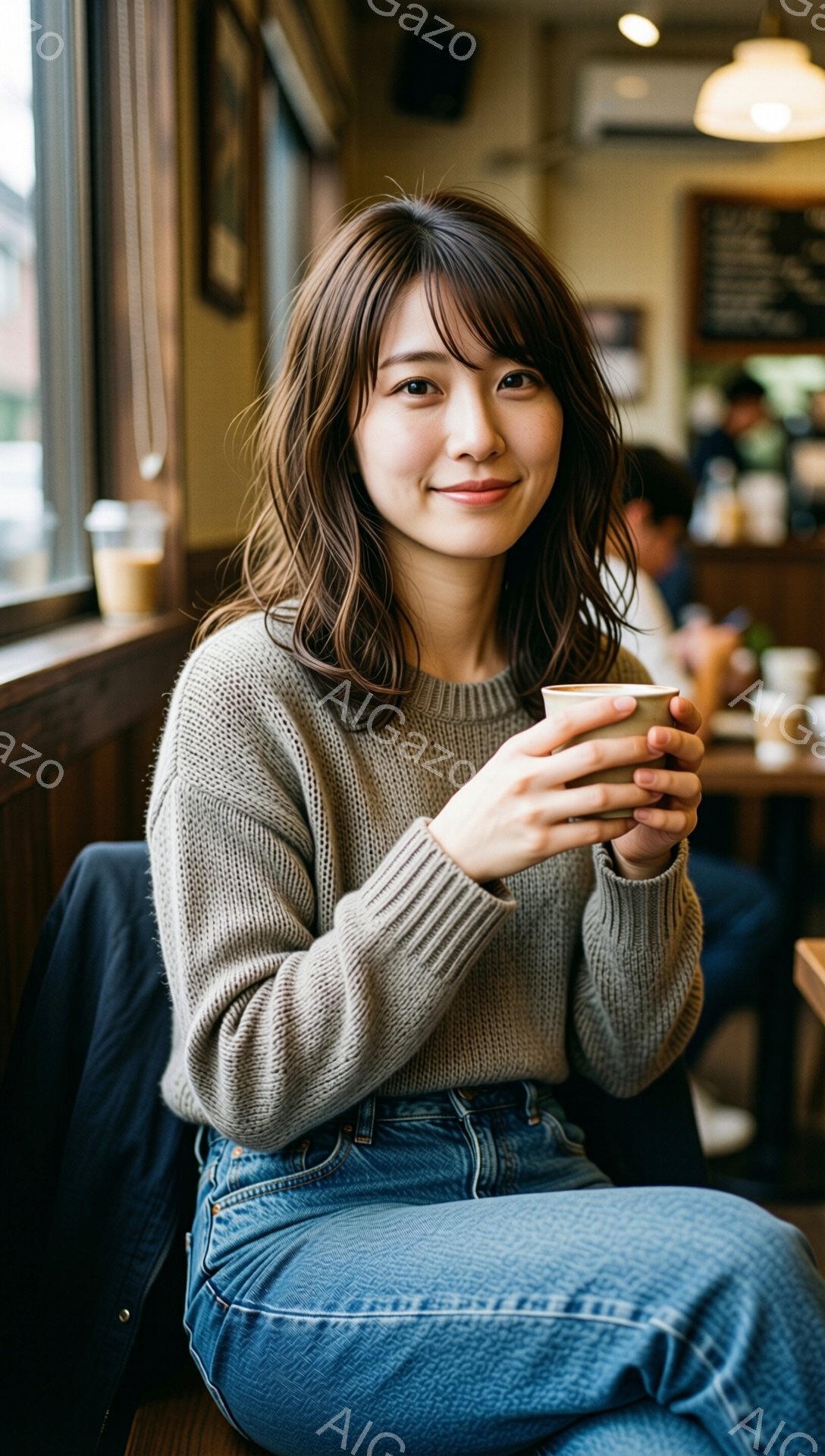 明るいカフェの窓辺に座る女性が写っている。ベージュのニットセーターとデニムパンツを身に着け、髪は肩までの長さでゆるくウェーブがかかっている。彼女は両手で温かい飲み物を抱え、穏やかな笑顔を浮かべている。 - AI生成フリー素材