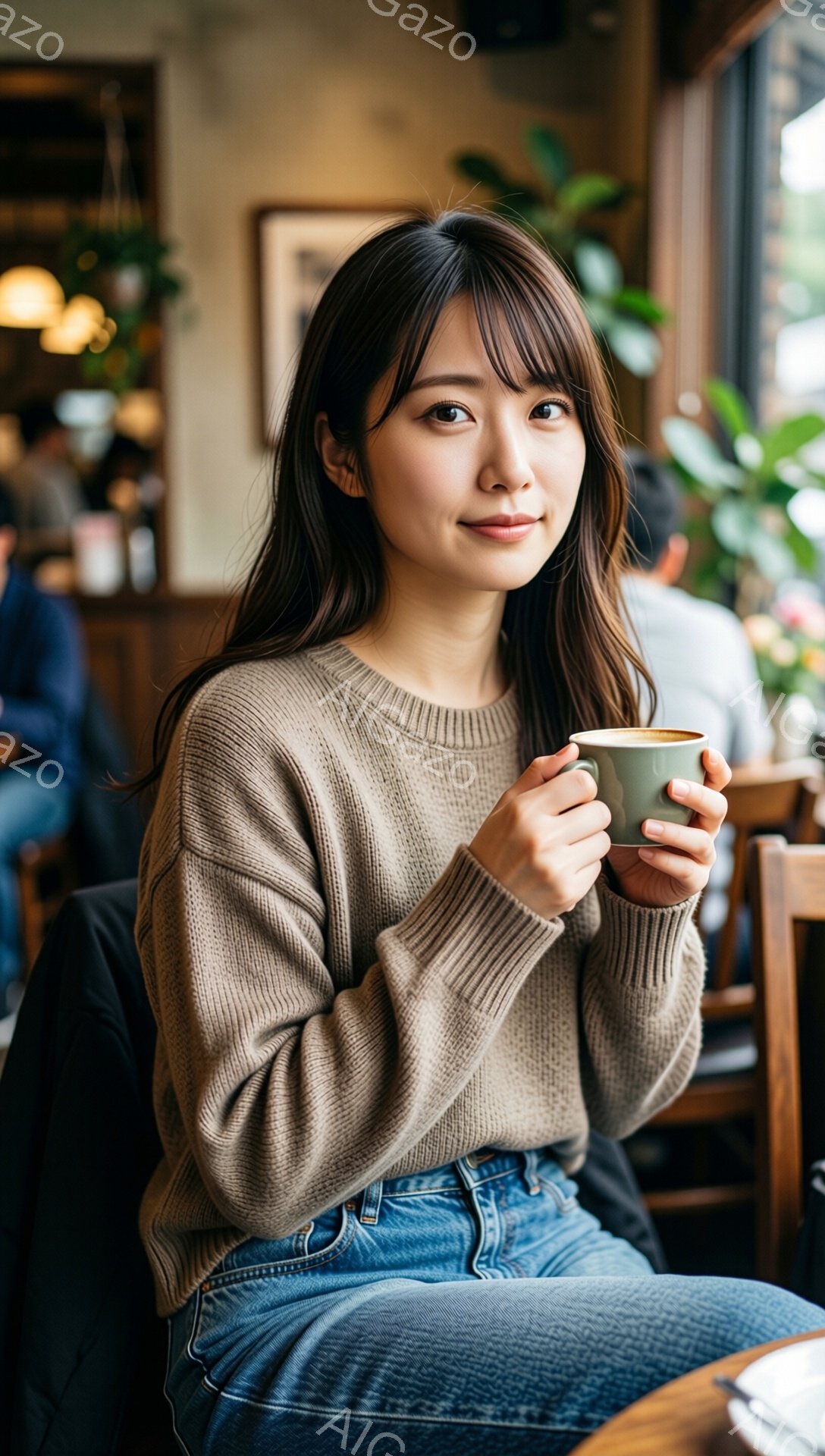 長いダークブラウンの髪を持つ女性が、ベージュ色のニットセーターとデニムのジーンズを着て、カップを持って微笑んでいます。彼女はリラックスした姿勢で座っており、背景にはぼやけたカフェの様子が見えます。全体的に、暖かく穏やかな雰囲気です。