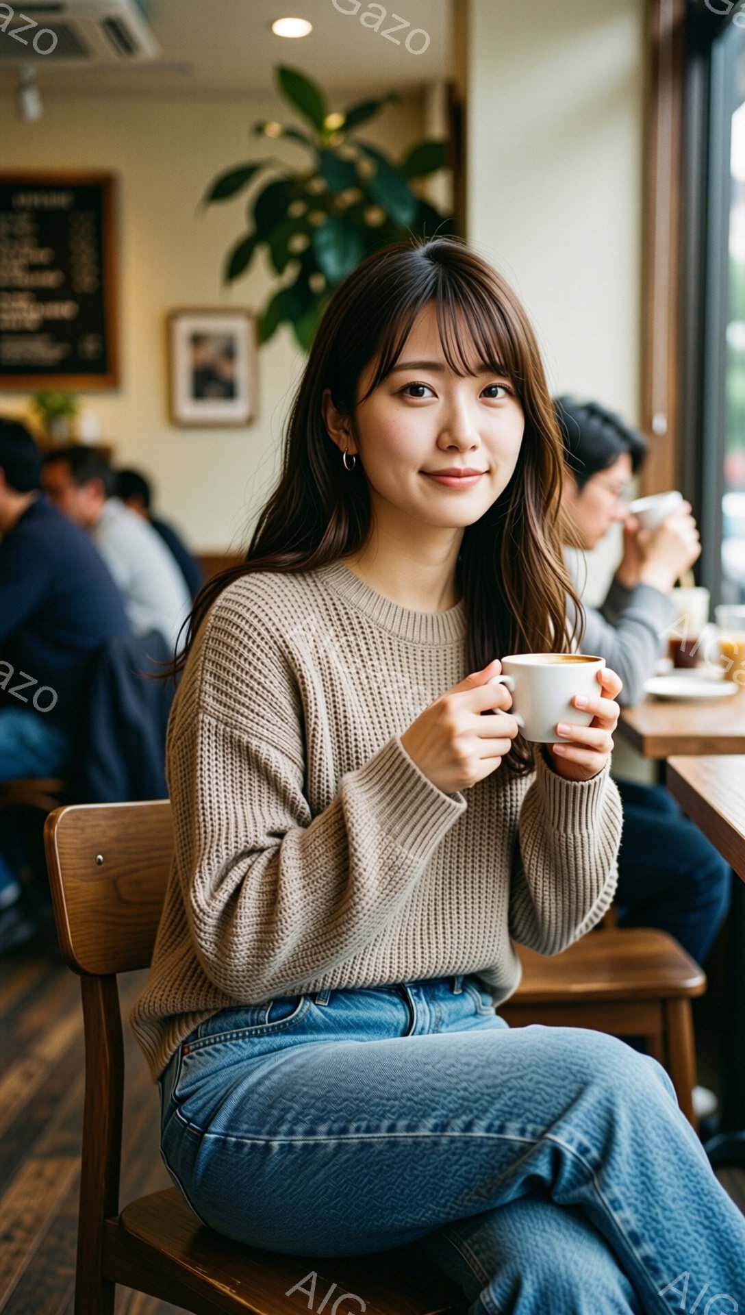 明るいカフェの席に座る女性は、ベージュのニットセーターと水色のジーンズを身に着けている。彼女は微笑んでおり、両手で白いカップに入った飲み物（おそらくコーヒー）を抱えている。背景には他の客や植物が見え、 - AI生成フリー素材