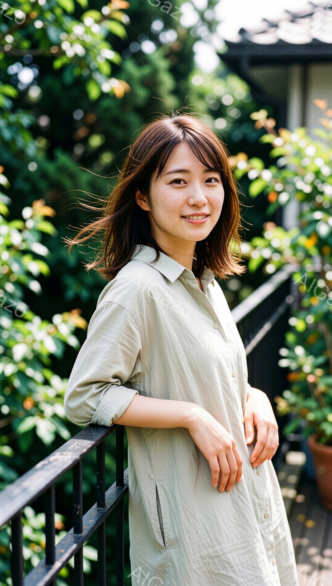 浅い緑色のシャツワンピースを着た女性が、黒い手すりに寄りかかっています。彼女は肩までの長さの茶髪で、穏やかな笑顔を浮かべています。背景には緑豊かな植物と、建物の一部が見え、晴れた日の穏やかな雰囲気が伝 - AI生成フリー素材