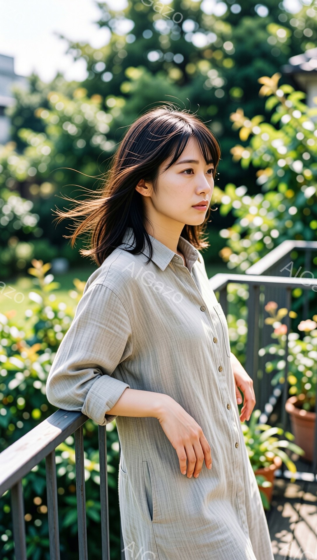 短い黒髪の女性が、ベージュ色の長袖シャツを着て、手すりに寄りかかっている。彼女は少し横を向き、憂いを帯びた表情で遠くを見つめている。背景には緑豊かな植物と、ぼやけた建物が見え、穏やかで落ち着いた雰囲気を醸し出している。