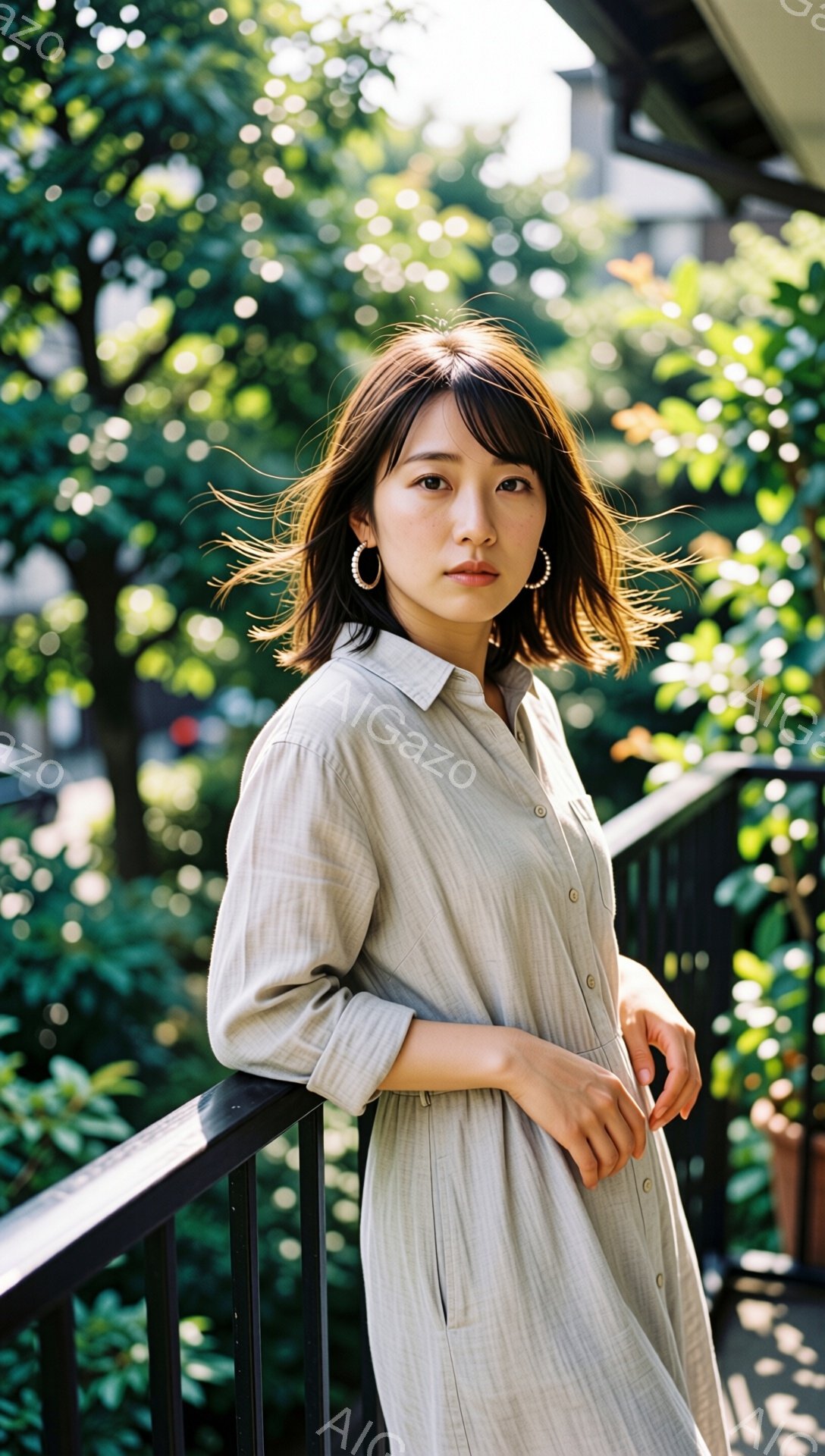明るい日差しの下、女性がベージュ色のリネン風のロングワンピースを着て、手すりに寄りかかっている。彼女は肩までの長さのゆるいウェーブヘアで、耳には大きなフープイヤリングをつけている。背景には緑豊かな木々と建物が見え、全体的に穏やかでナチュラルな雰囲気が漂っている。