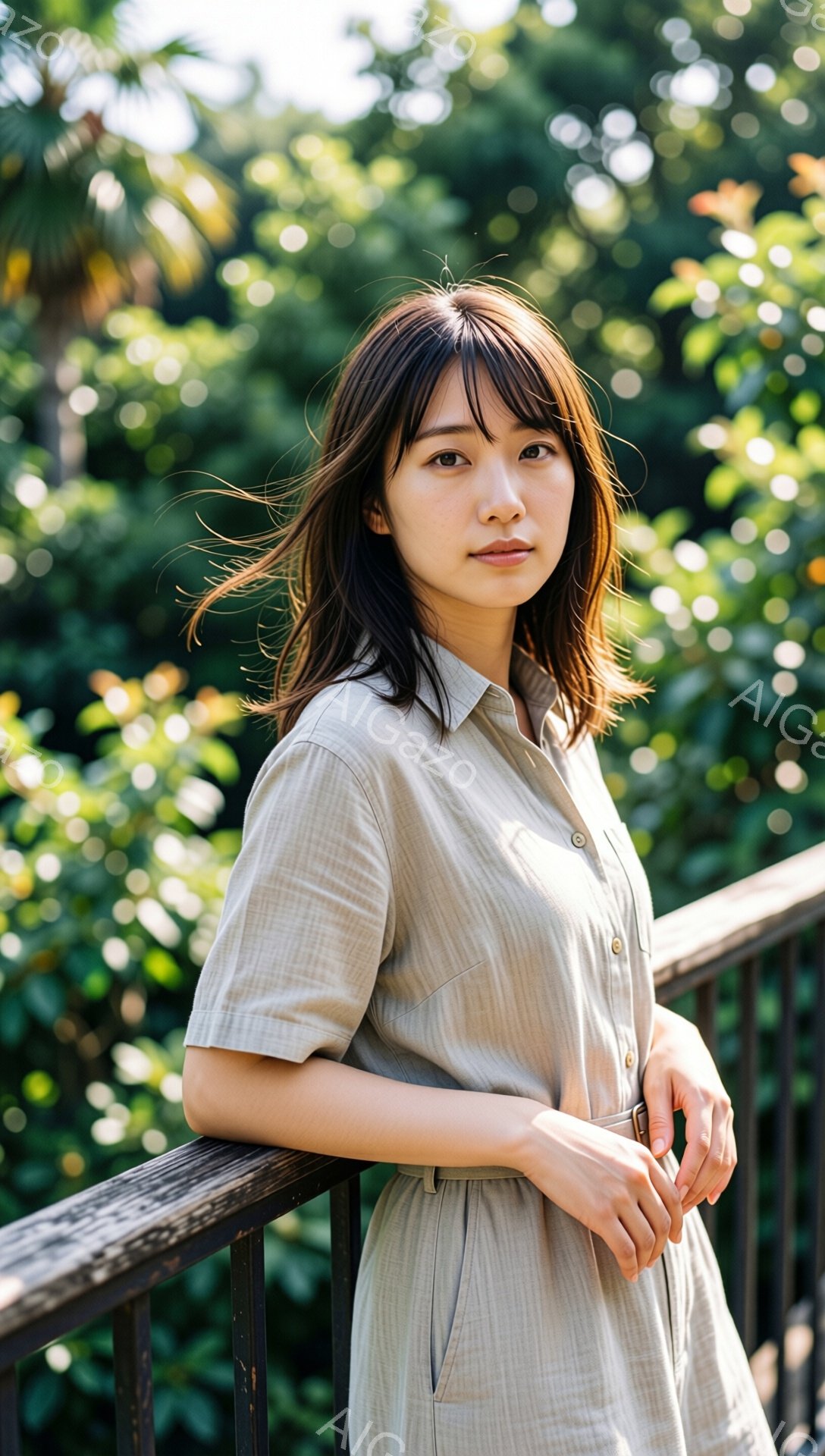 長い茶色の髪を肩まで伸ばした若い女性が、ベージュ色のチェック柄のシャツドレスを着て、手すりに寄りかかっている。彼女は穏やかな表情で、少し微笑んでいるように見える。背景には緑豊かな木々が広がり、晴れた日 - AI生成フリー素材