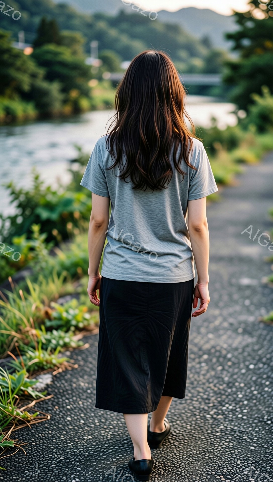 後ろ姿の女性が、アスファルトの道の上を歩いている。グレーのTシャツと黒のミモレ丈スカートを着用し、黒い靴を履いている。背景には緑豊かな植物と川が見え、遠くには山々が霞んでおり、穏やかで静かな雰囲気が漂っている。