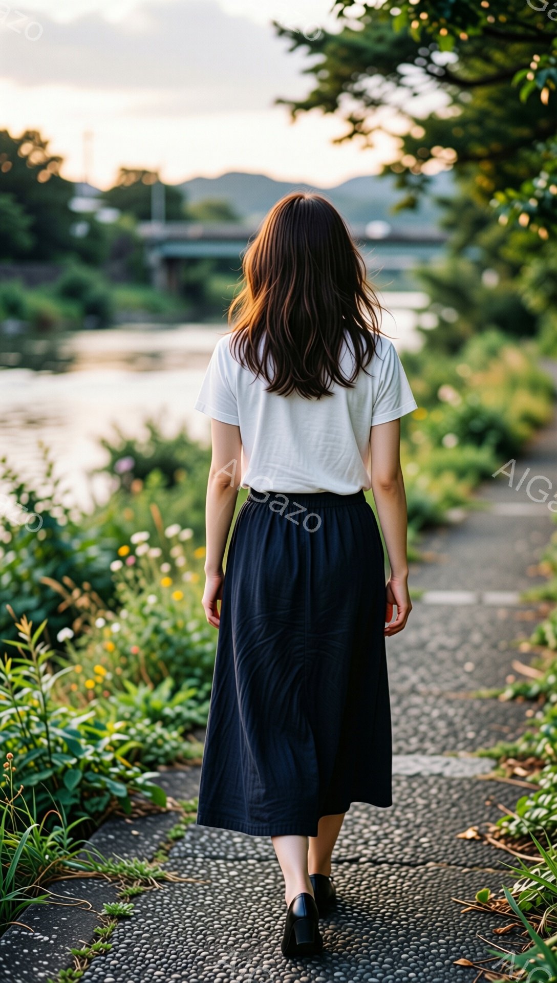 後ろ姿の女性が、緑豊かな遊歩道を歩いている。白いTシャツに濃い紺色のミモレ丈スカートを合わせ、黒い靴を履いている。背景には川が流れ、緑の植物が生い茂り、夕暮れ時の柔らかな光が辺りを包み込んでいる。