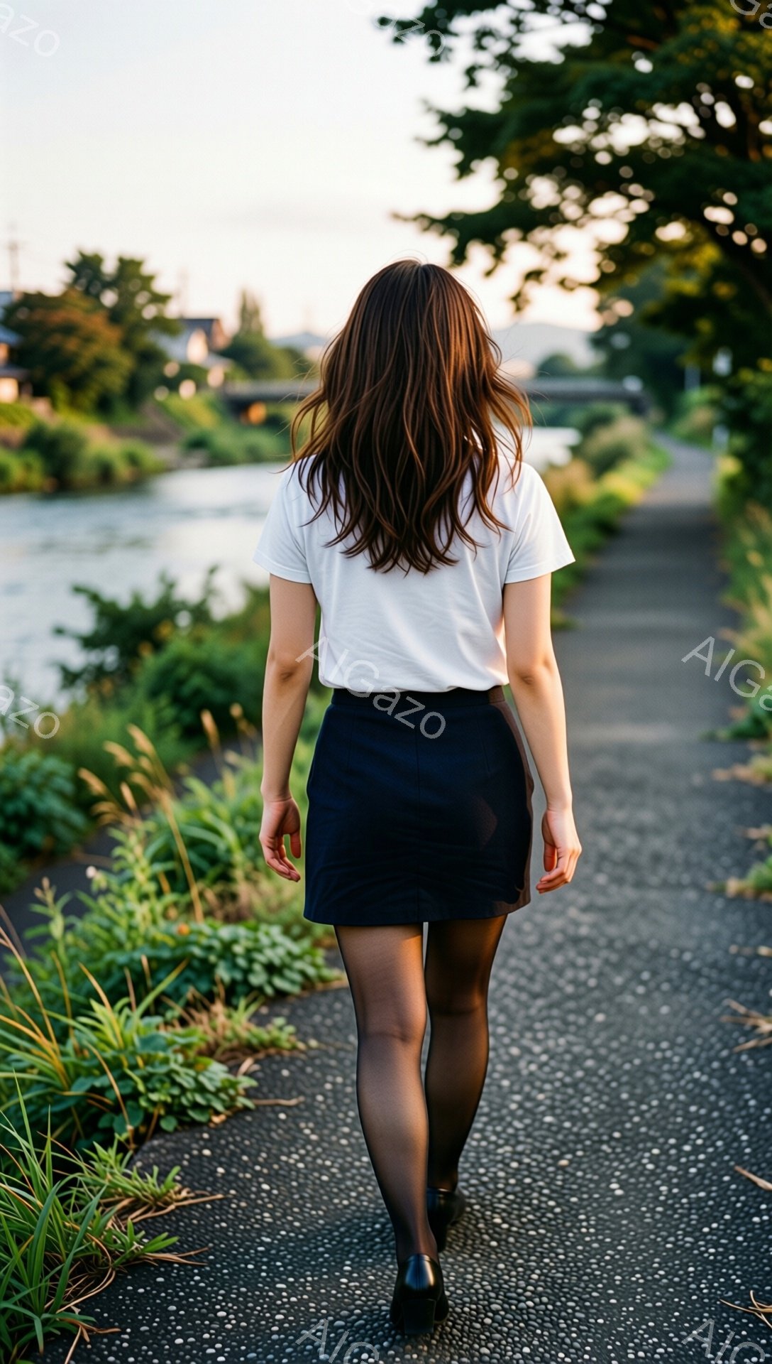 後ろ姿の女性がアスファルトの道を進んでいます。白いTシャツにネイビーのミニスカート、黒いタイツ、ヒールを履いており、長い茶色の髪が背中に広がっています。背景には緑豊かな草地と水面、遠くに建物が見え、穏やかで少し寂しげな雰囲気が漂っています。