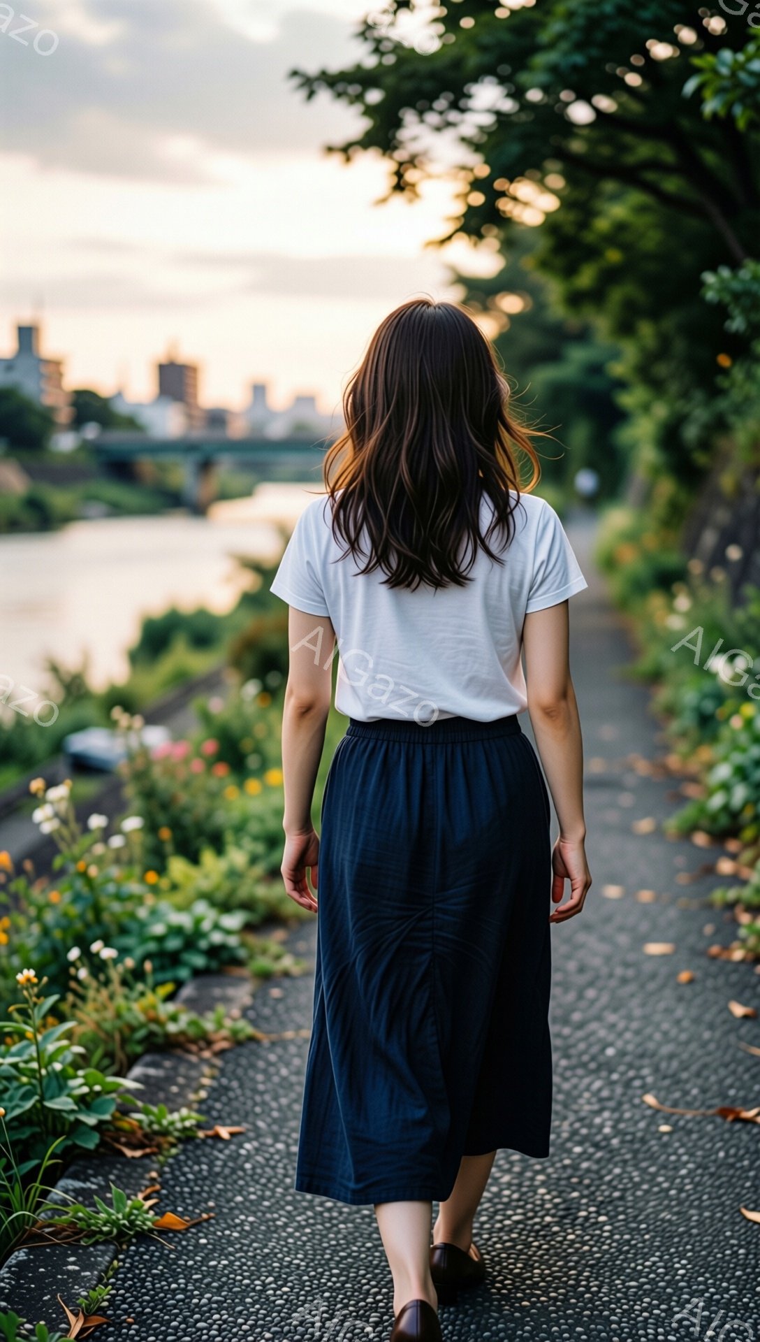 後ろ姿の女性が、緑豊かな遊歩道を歩いている。白いTシャツに濃い青色のスカートを合わせ、リラックスしたカジュアルな服装をしている。背景には川が流れ、遠くには建物が見え、空は夕焼けでオレンジ色に染まっている。