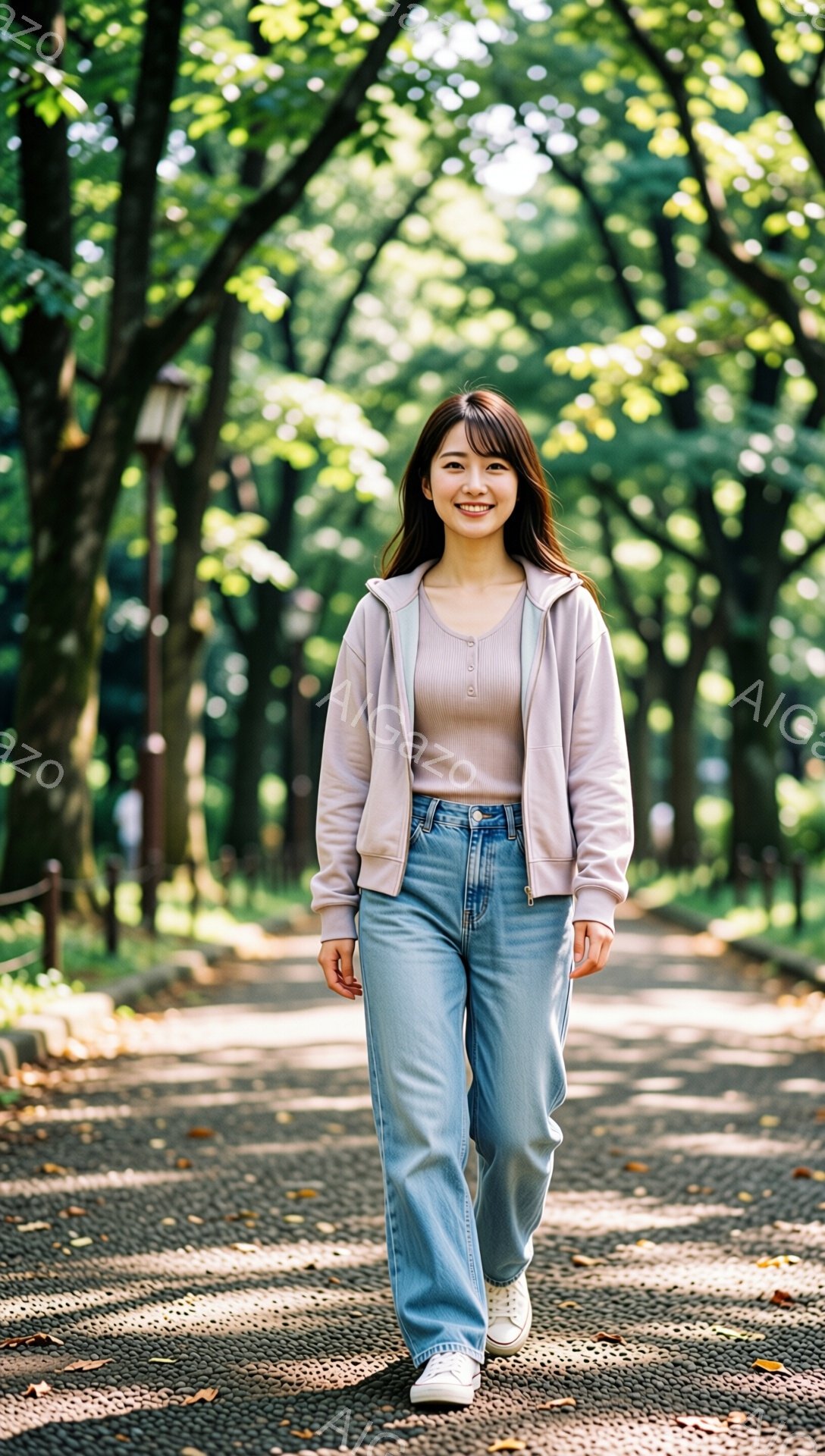 明るい笑顔を浮かべた若い女性が、公園の道を歩いている。ベージュのキャミソールに、薄紫色のジップアップパーカー、そして水色のワイドレッグジーンズと白いスニーカーを着用し、髪は肩までの長さで前髪を少し残したスタイルだ。背景には緑豊かな木々が生い茂り、日差しが差し込み、穏やかで爽やかな雰囲気を醸し出している。