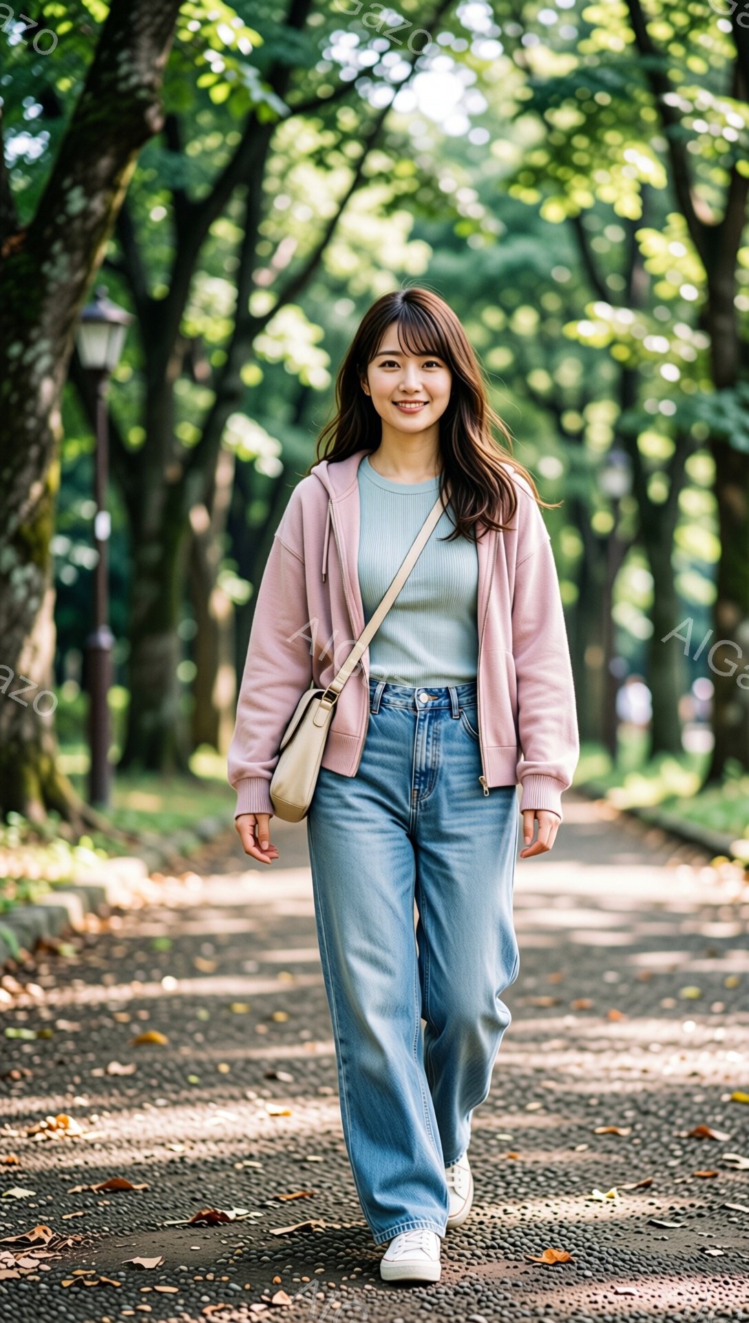 若い女性が遊歩道を歩いており、ピンク色のパーカーと水色のタンクトップ、ゆったりとしたジーンズを着用しています。彼女は肩にクリーム色のバッグをかけ、微笑みを浮かべ、髪は肩にかかる長さで、前髪は軽く分けています。背景には緑豊かな木々が立ち並び、日差しが差し込み、暖かい春または夏の日の穏やかな雰囲気を醸し出しています。