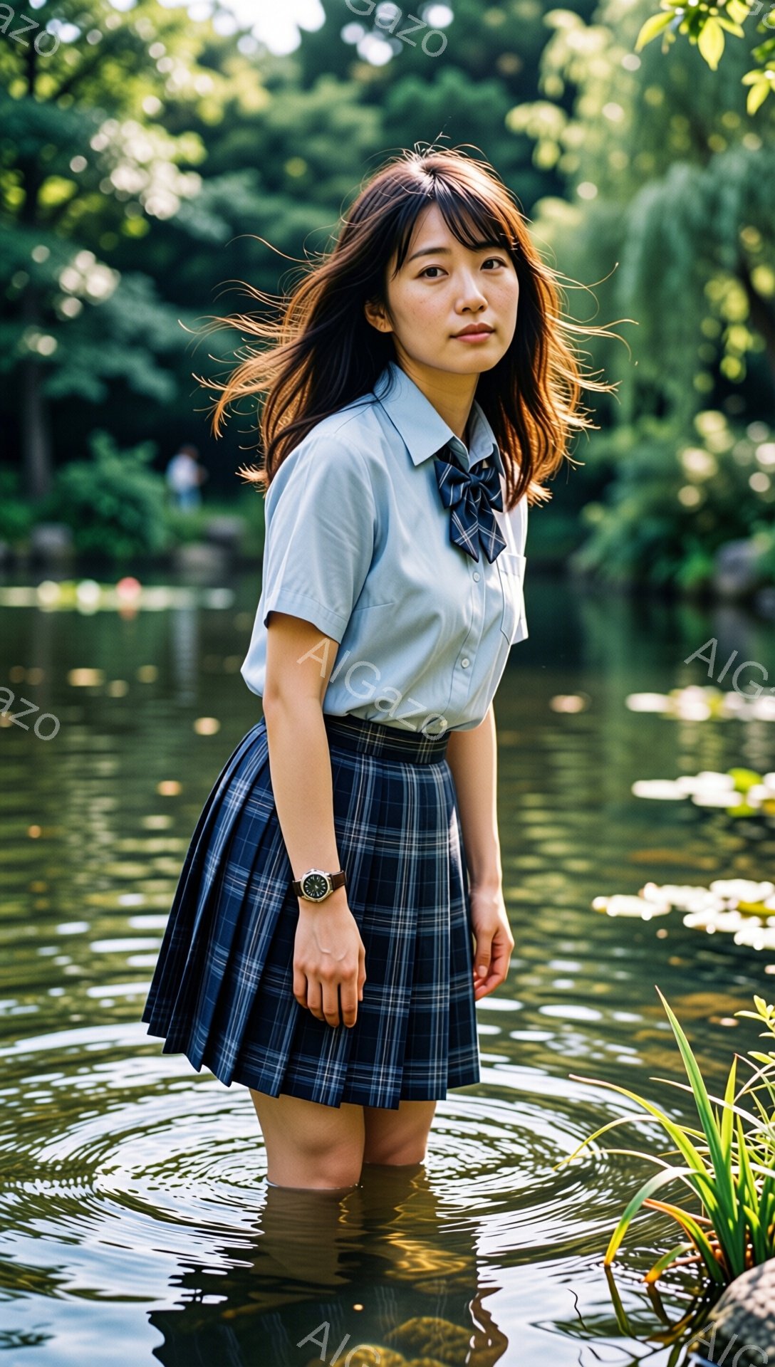 制服姿の若い女性が、膝まで水に入った池の中に立っている。彼女は明るい青色のシャツにチェック柄のスカート、そしてネクタイを着用し、左手には腕時計をつけている。背景には緑豊かな木々が見え、水面には波紋が広がっており、全体的に少し憂いを帯びた、静かな雰囲気が漂っている。