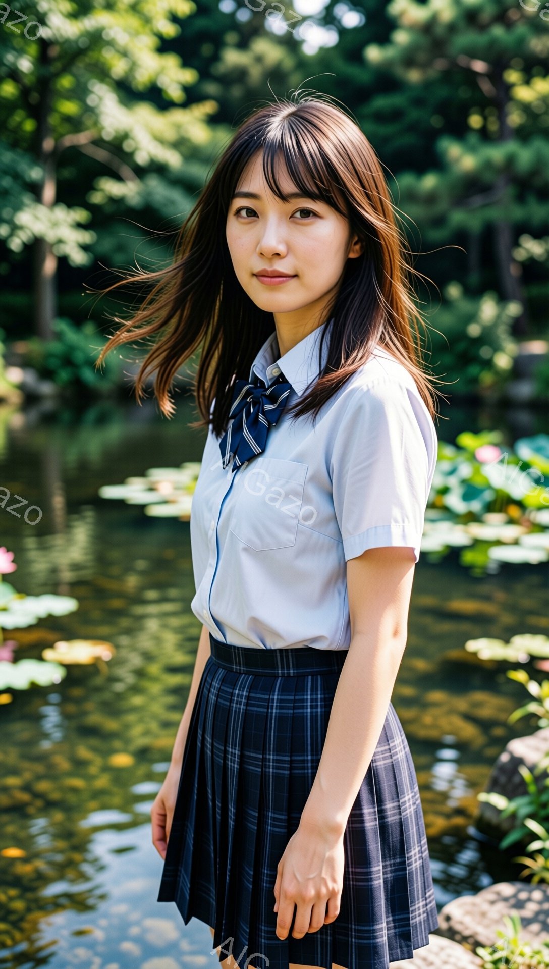 制服姿の若い女性が写っている。彼女は白いブラウスにネクタイ、チェック柄のプリーツスカートを着用し、肩まで届くダークブラウンの髪をサイドに流している。背景には緑豊かな植物と水面が広がり、穏やかで自然な雰 - AI生成フリー素材