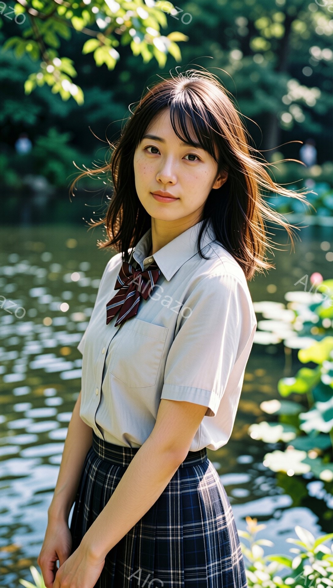 少女は制服姿で、浅い茶色のブラウスにチェック柄のスカートを身につけている。彼女は軽く微笑み、少し伏し目がちで、控えめな表情をしている。背景には緑豊かな植物と水面が広がり、穏やかで自然な雰囲気が漂っている。