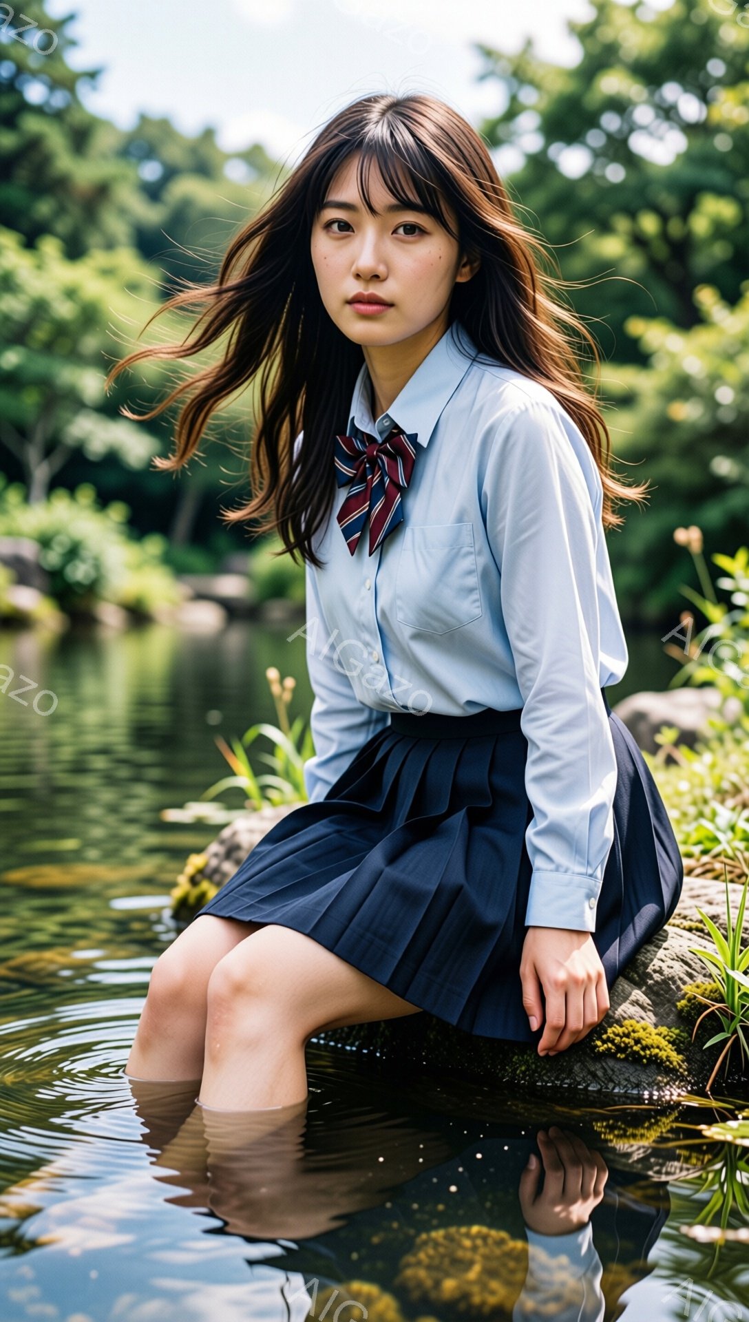 画像は、制服を着た若い女性が、膝まで水に浸かって座っている様子を捉えています。彼女は長い茶色の髪を肩から下で揺らし、少し憂いを帯びた表情で正面を見つめています。背景には緑豊かな植物が生い茂り、水面に太 - AI生成フリー素材