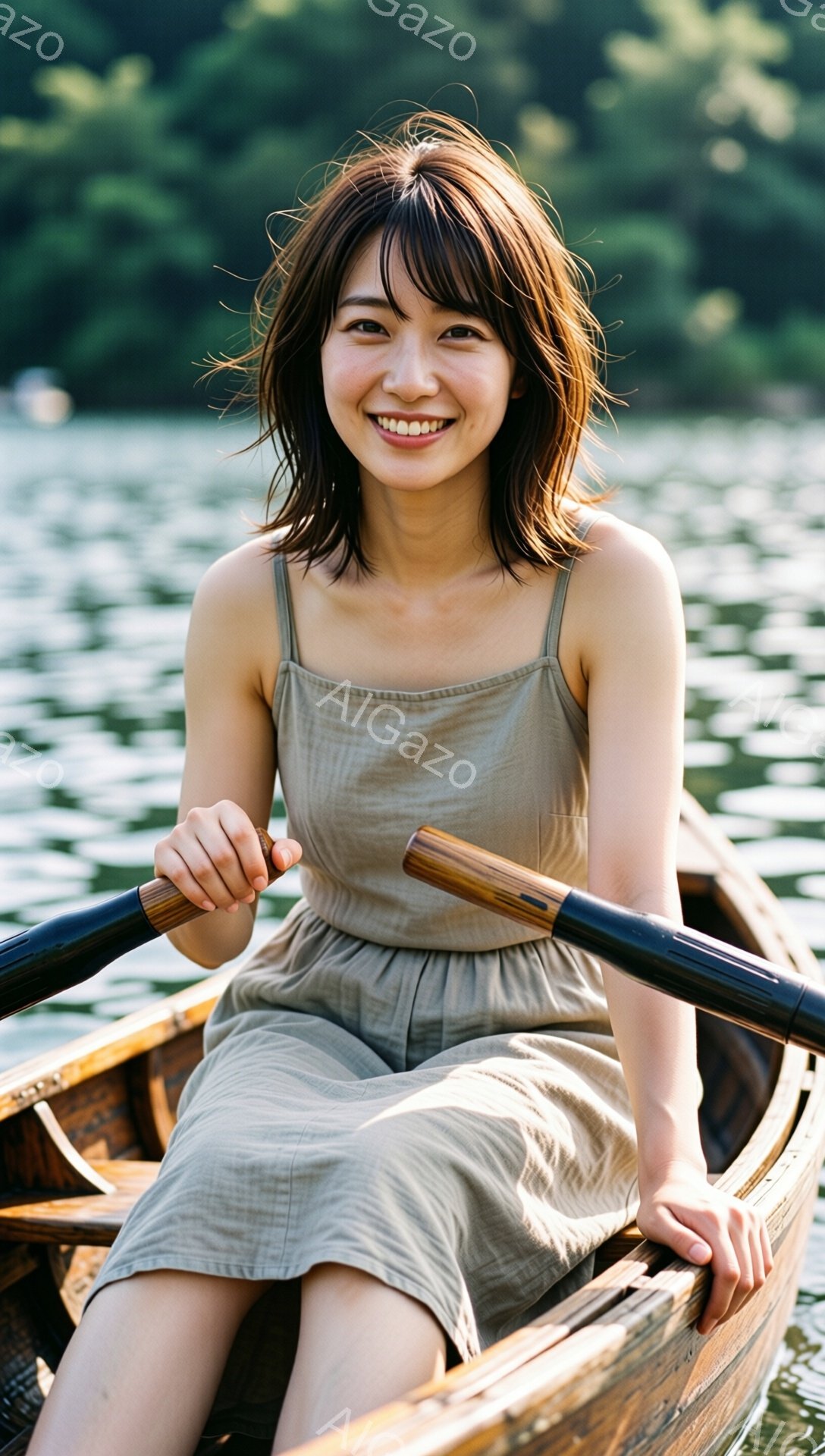 薄いベージュ色のキャミソールワンピースを着た女性が、古い木製のボートに座ってオールを持っています。彼女は微笑んでおり、肩までの長さの茶色の髪は少し無造作に整えられています。背景には水面と緑豊かな木々が - AI生成フリー素材