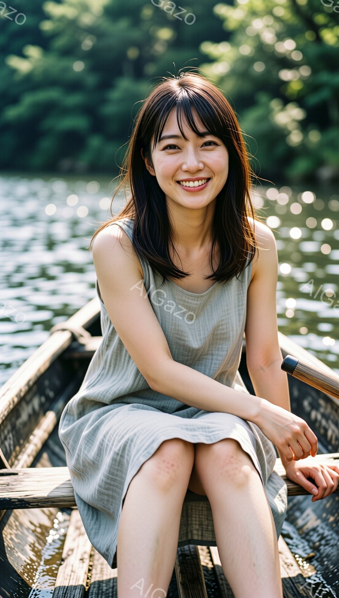 若い女性がボートの中に座っており、優しい笑顔を浮かべています。彼女は淡い緑色のシンプルなワンピースを着ており、前髪を短くしたダークブラウンの髪は肩にかかる長さです。背景には水面と緑豊かな木々が見え、晴 - AI生成フリー素材