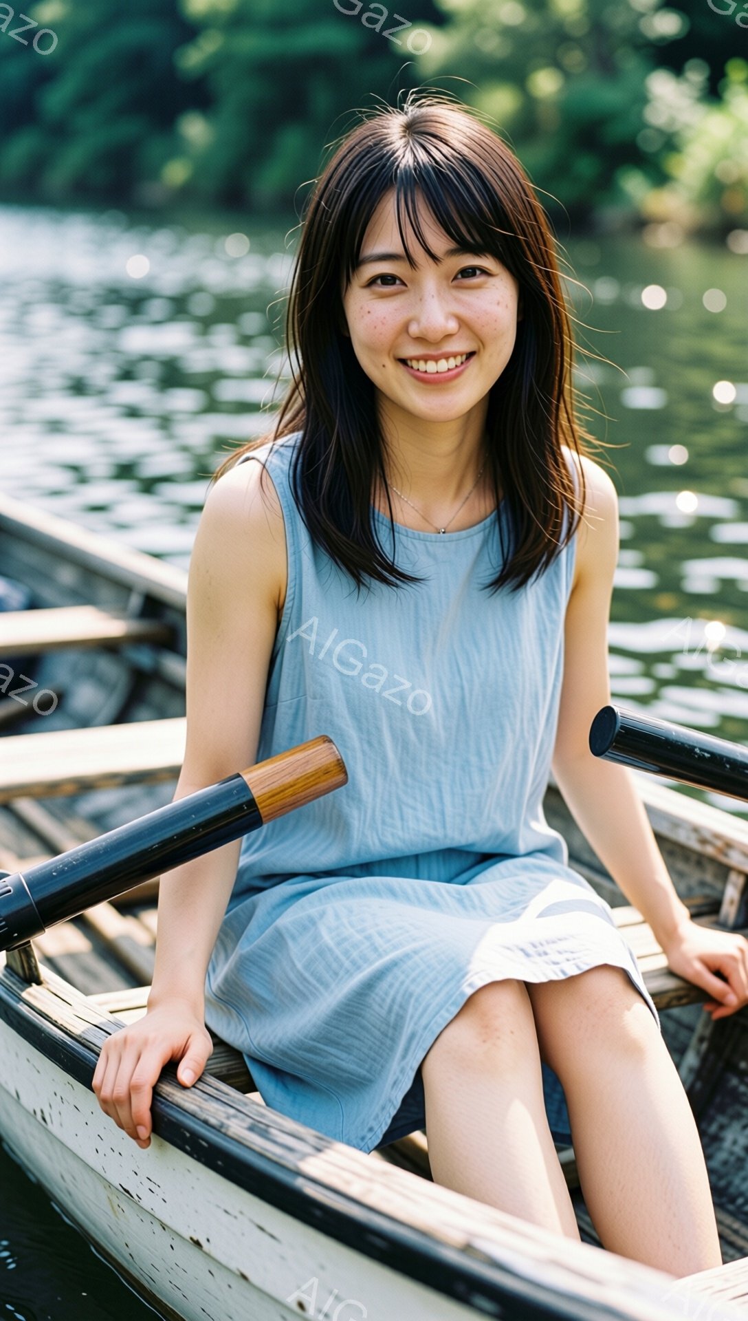 若い女性がボートの中に座っており、水色のゆったりとしたワンピースを着ています。彼女は肩までの長さの黒髪で、穏やかな笑顔を浮かべています。背景には穏やかな水面と緑豊かな木々が見え、晴れた日の穏やかな雰囲 - AI生成フリー素材